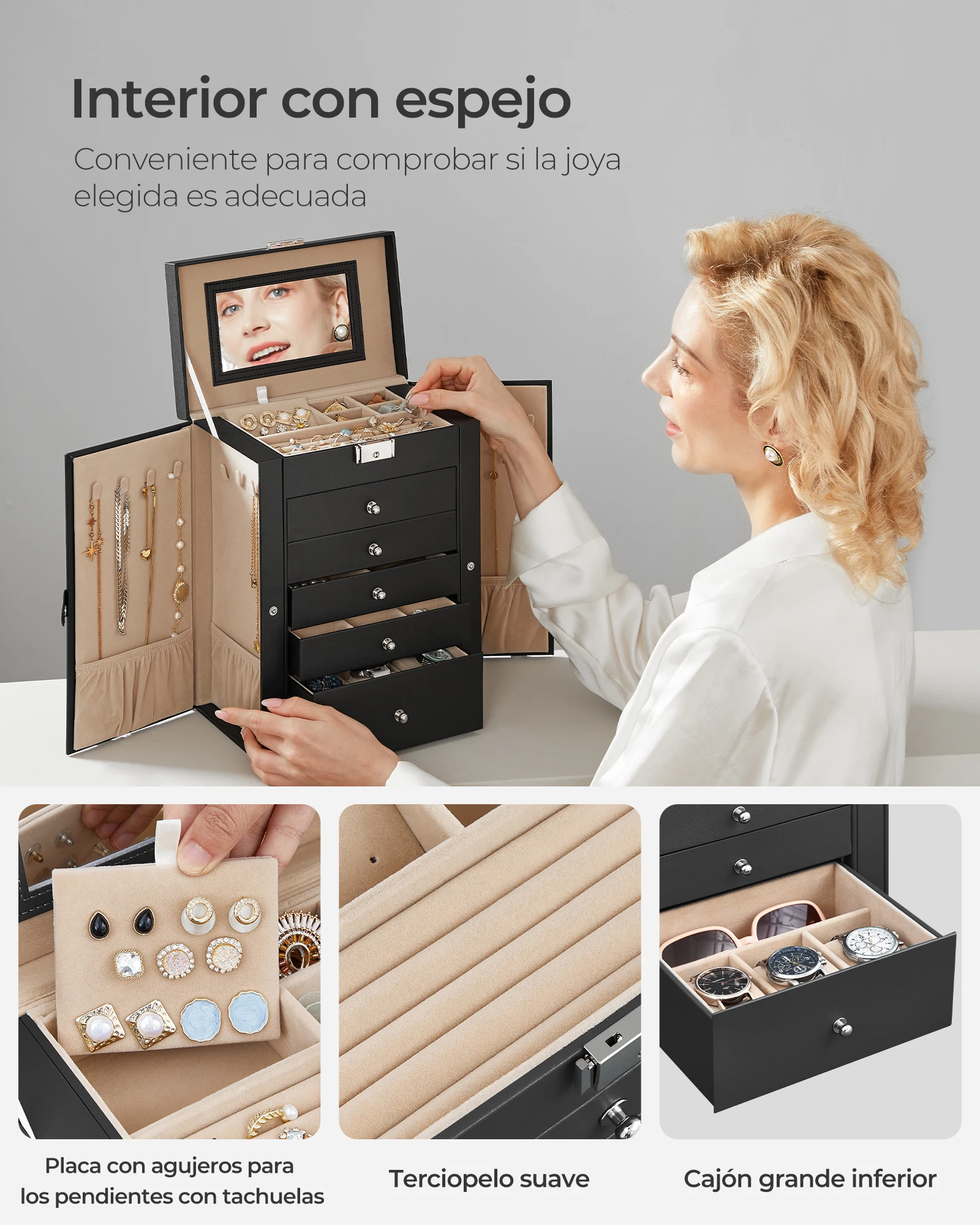 Songmics 6 tier jewelry box, jewelry box with 5 drawers, large space, interior with mirror, lock, jewelry storage, gift for loved ones, for watches, black/white/gray, christmas gift