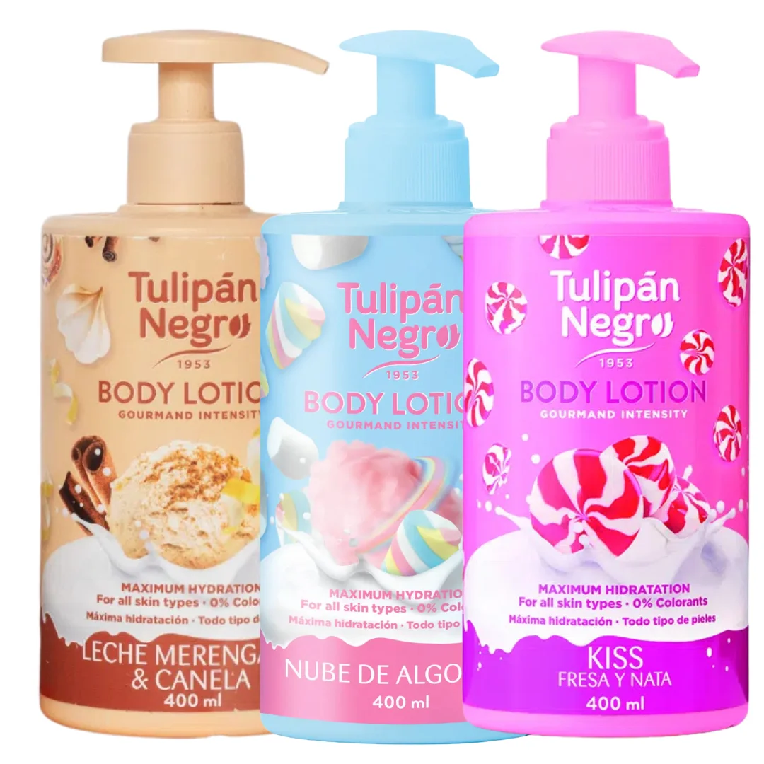 Pack 3 loción corporal Candy Black Tulip 400 ml hidratación profunda, suavidad y aroma dulce y delicioso para tu piel. ideal para el cuidado diario y sensación de confort. Cuida tu piel con tulipán ne