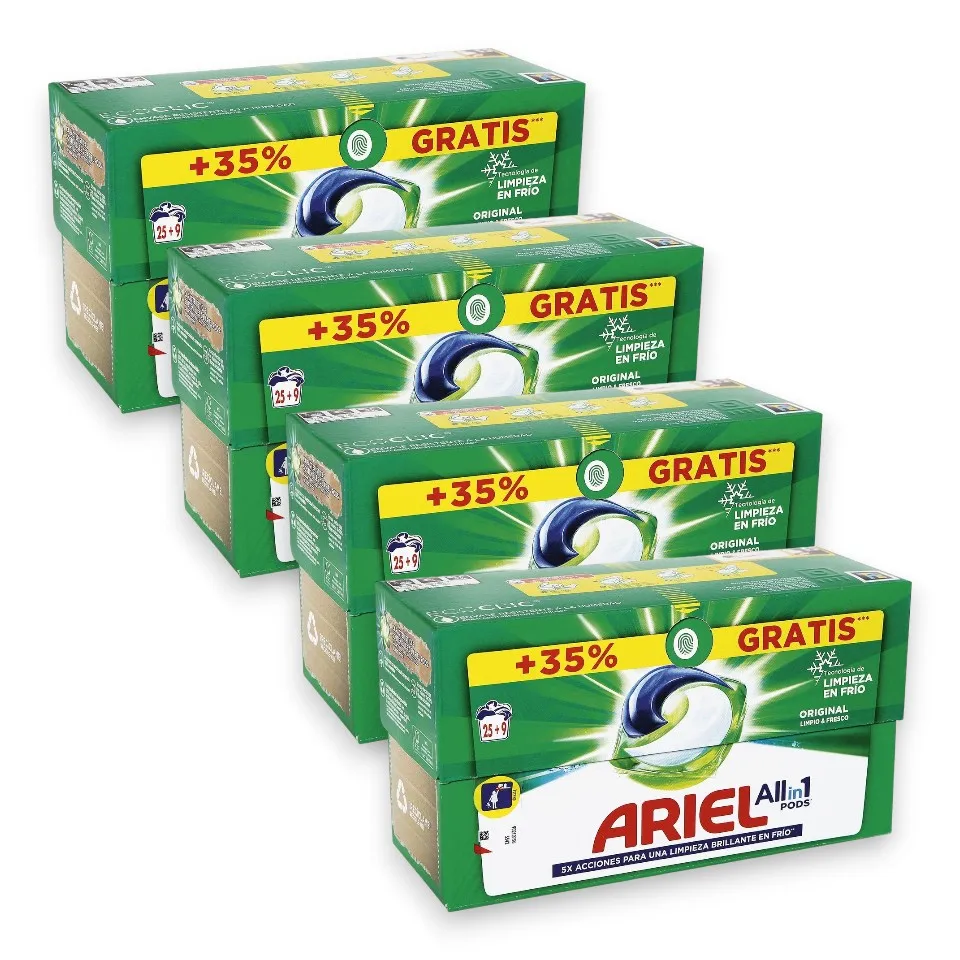 Pack 4 boxes ARIEL all in 1 Pods Original 25 + 9 washed + 35% free ARIEL PODS detergent in capsules for washing machine.