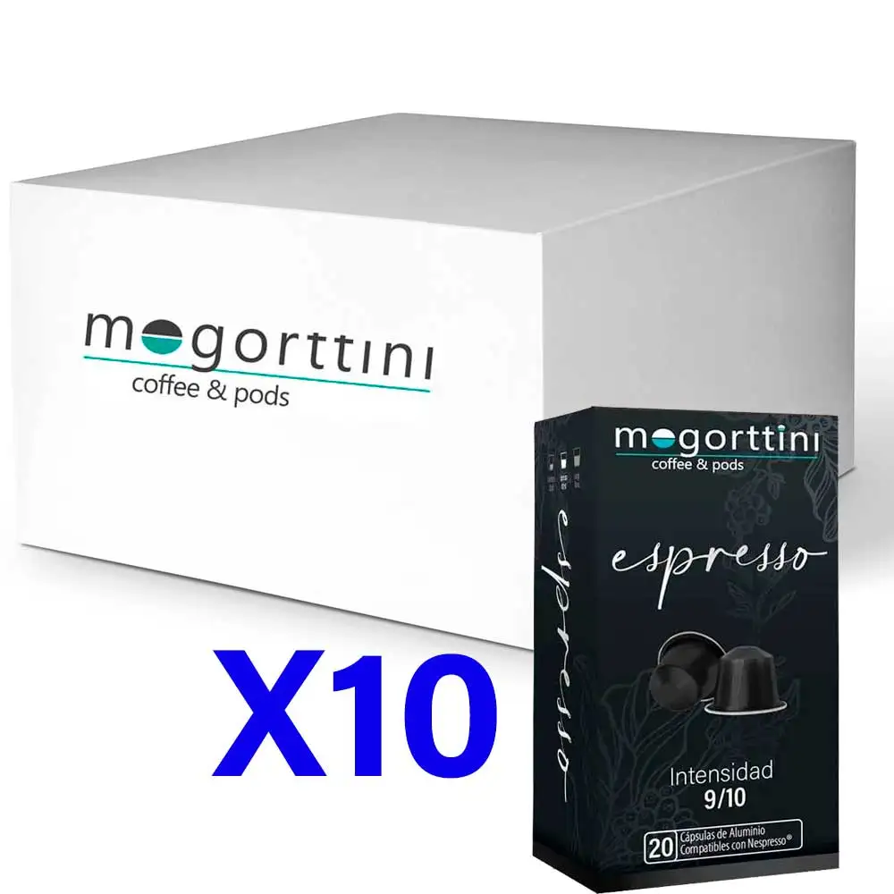 Mogorttini - Café Espresso, 200 Cápsulas de Aluminio Compatibles con Nespresso (Formato 10x20 uds). Alta Calidad.