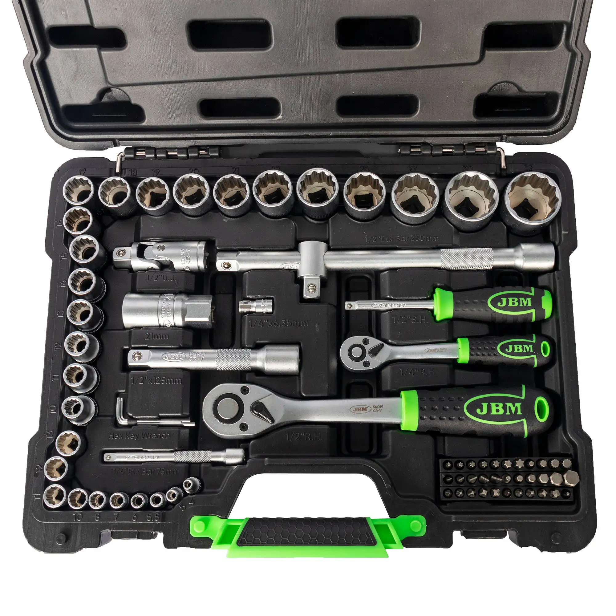 Jbm tool case model 53074 of 74 pieces with 12-edge 1/2"" and 1/4" zinc-plated sockets - complete set of manual tools for the home. Motorcycle, car and engine, excellent price