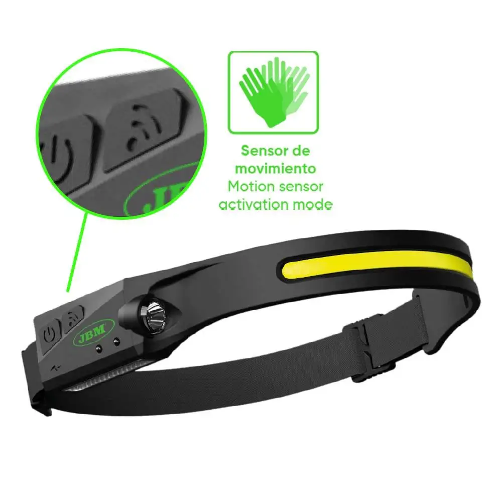 Jbm 54004 portable cob front light. Material: silica gel. Power indicator, induction indicator. Motion sensor activation mode. Usb charging cable included.