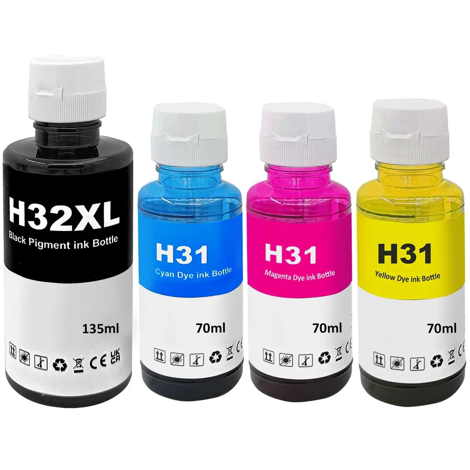 pack 4 botellas de tinta compatible HP 32XL negro + HP 31 Cián - Magenta - Amarillo