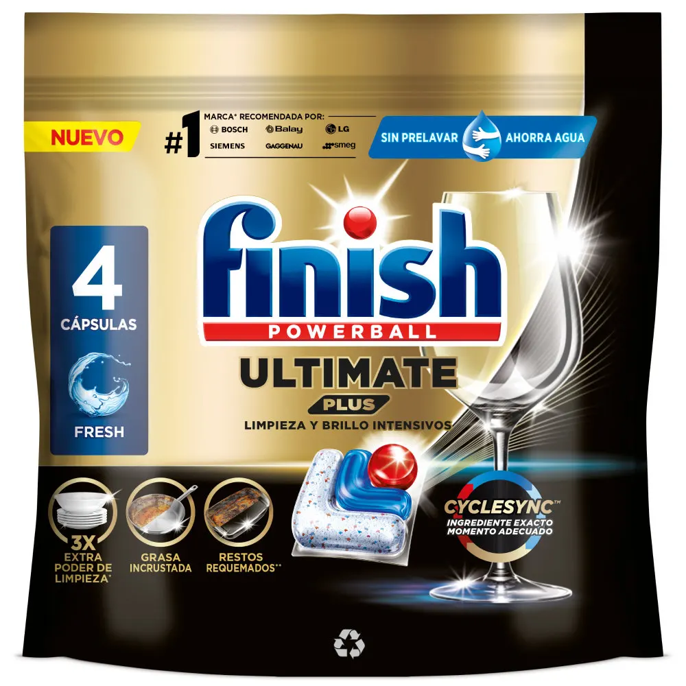 Finish Powerball Ultimate Plus 4 Pastillas para Lavavajillas, Limpieza y Brillo Intensivos, Brillo de Diamante, Cuida y Protege