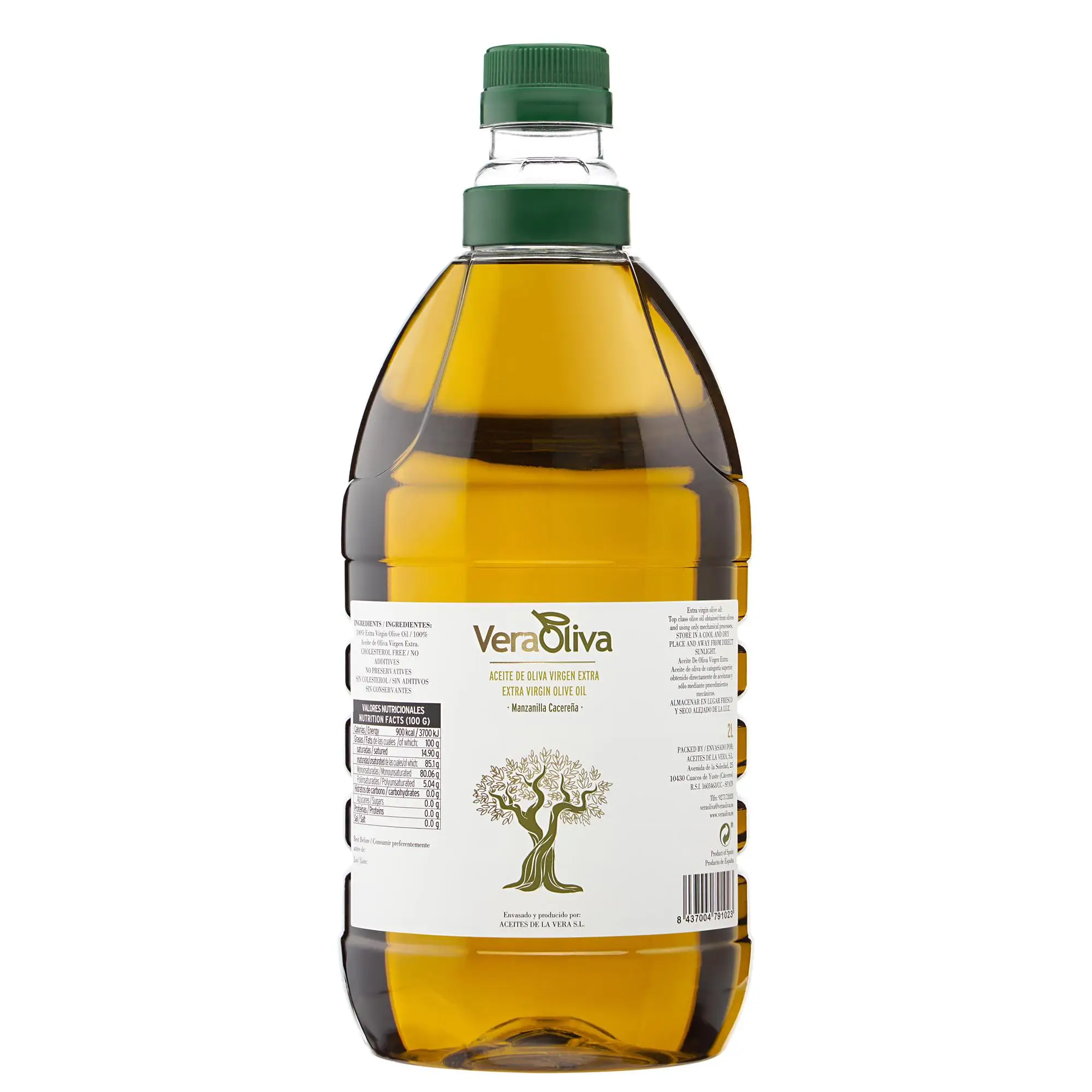 Aceite de Oliva Virgen Extra VeraOliva 2L - Prensado en Frío, Variedad Manzanilla Cacereña, Nueva Campaña