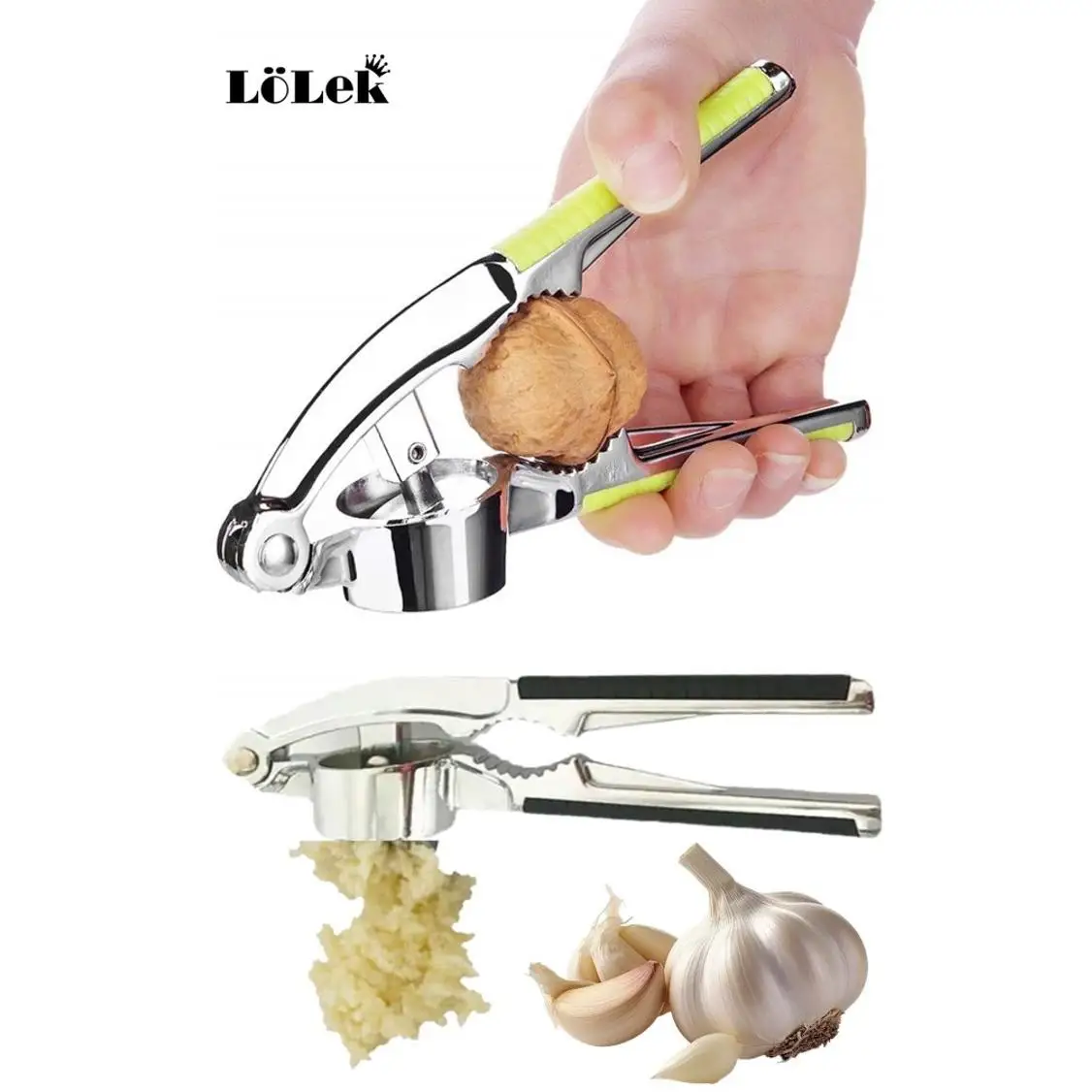 Prensa de Ajos con Cascanueces y Mango Antideslizante Lolek - Utensilio de Cocina Multifuncional