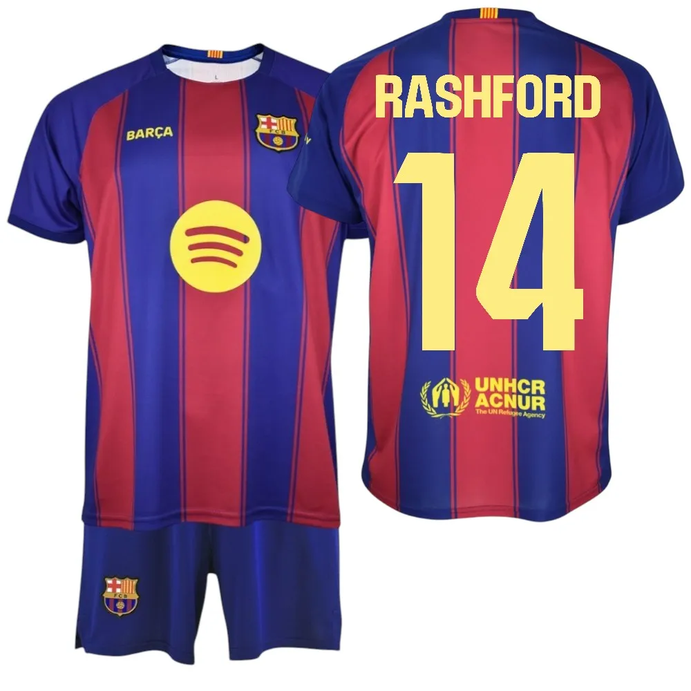 F.C Barcelona - Conjunto Camiseta y Pantalón Niño - Jugador RASHFORD Nº14 - Diseño Blaugrana Clásico - Escudo Bordado - Tejido Transpirable - Ideal para regalo