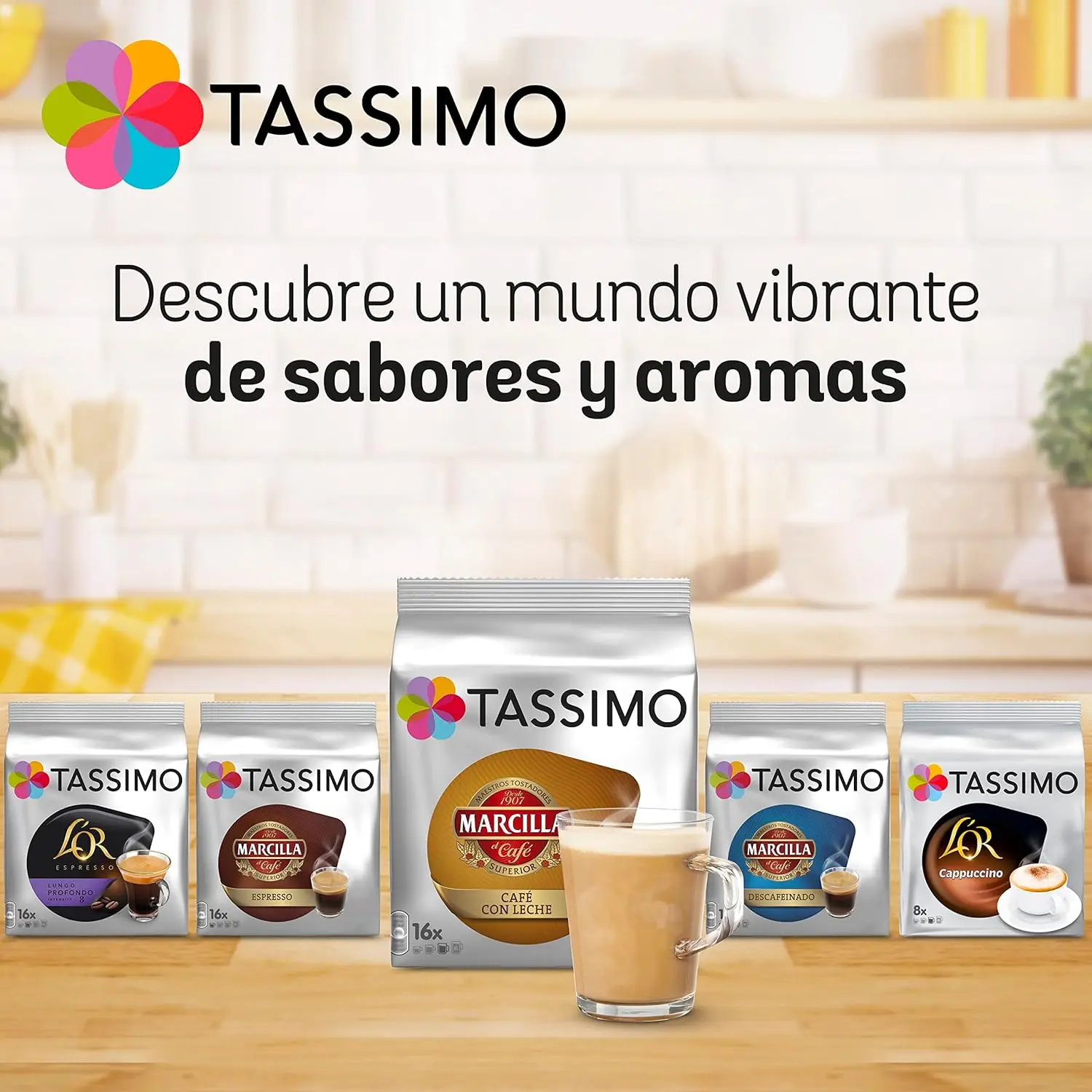 TASSIMO MARCILLA Café con leche capsules-5 packs of 16 capsules, 80 capsules of super coffee with milk