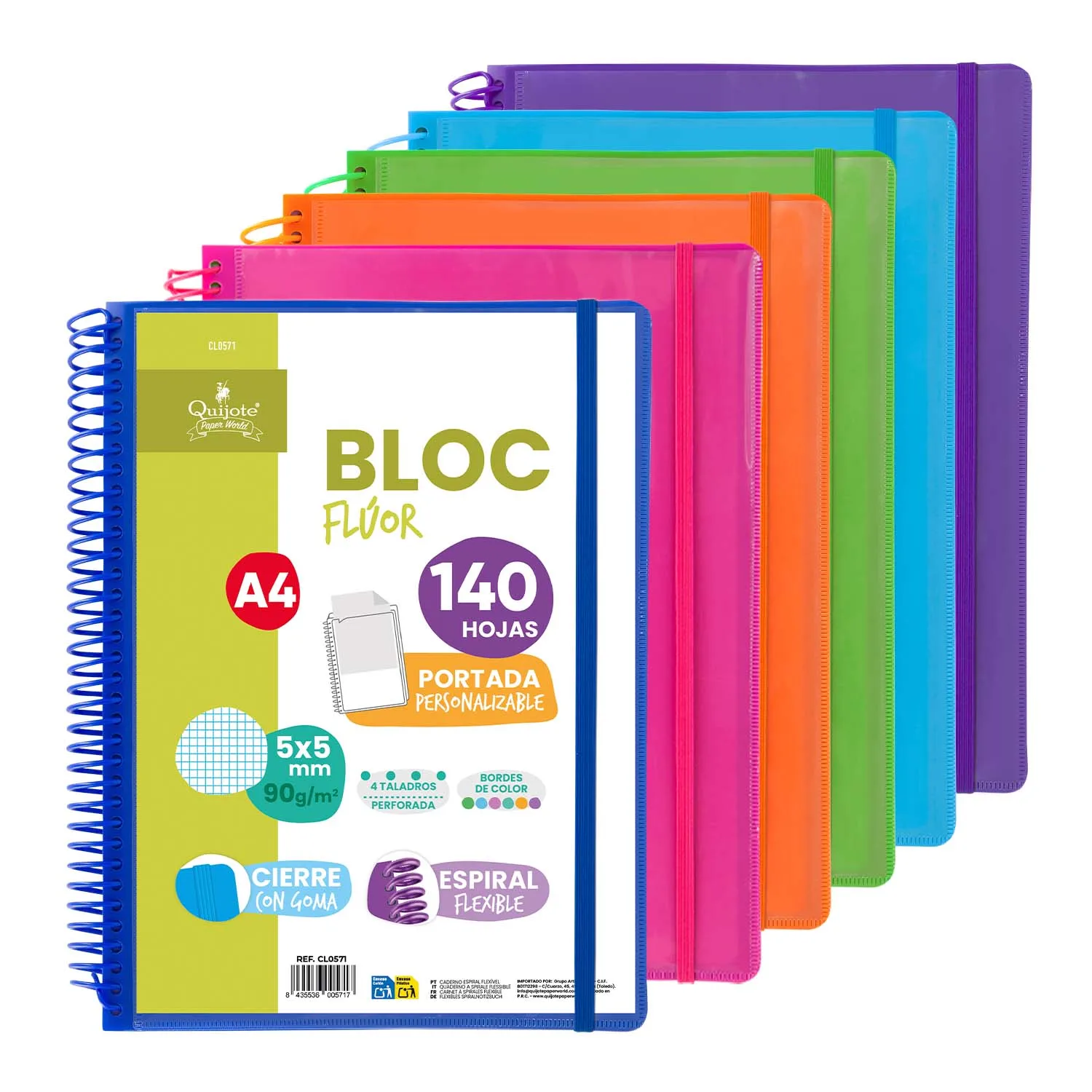 Cuaderno A4 Quijote Paper World Tapa Plástico Cierre de Goma Elástica 140 Hojas 90g  Bordes de Color, Espiral Flexible  Color