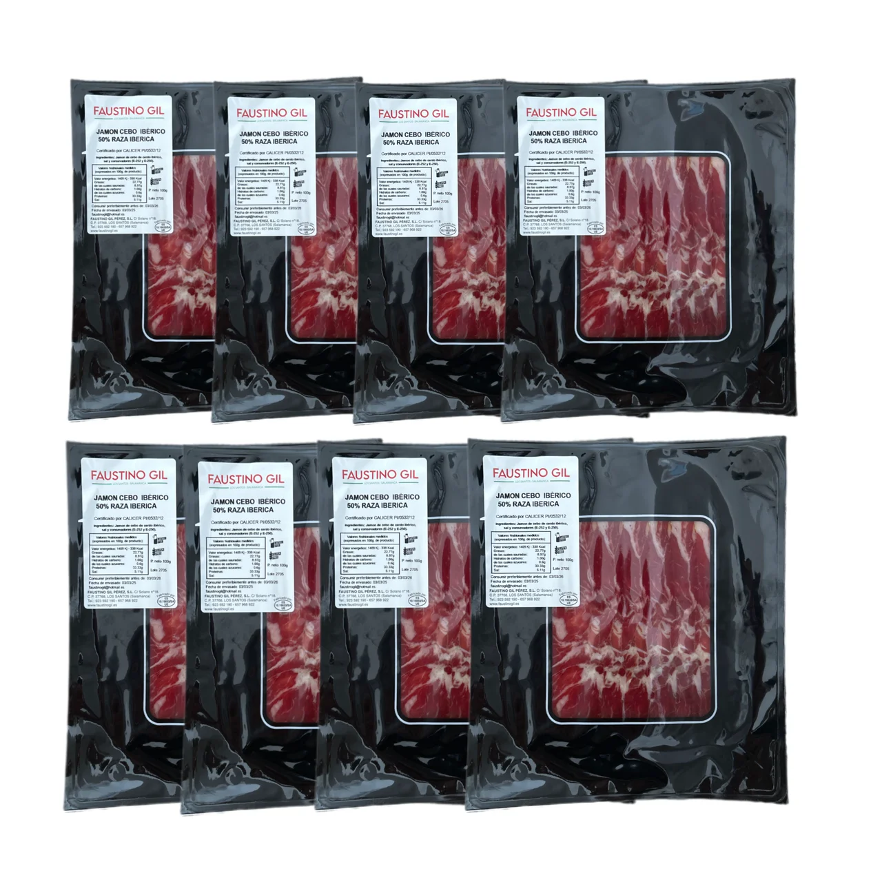 Jamón Ibérico de Cebo - 8 sobres de 100g - Elaboración tradicional - Ibéricos Faustino Gil -