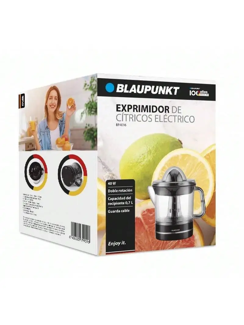 Blaupunkt 40w citrus juicer - 0.7l with double rotation and 0.7 l jug for direct serving. Start by pressure and stop when released, main parts suitable for dishwasher and integrated cable storage top quality trusted german