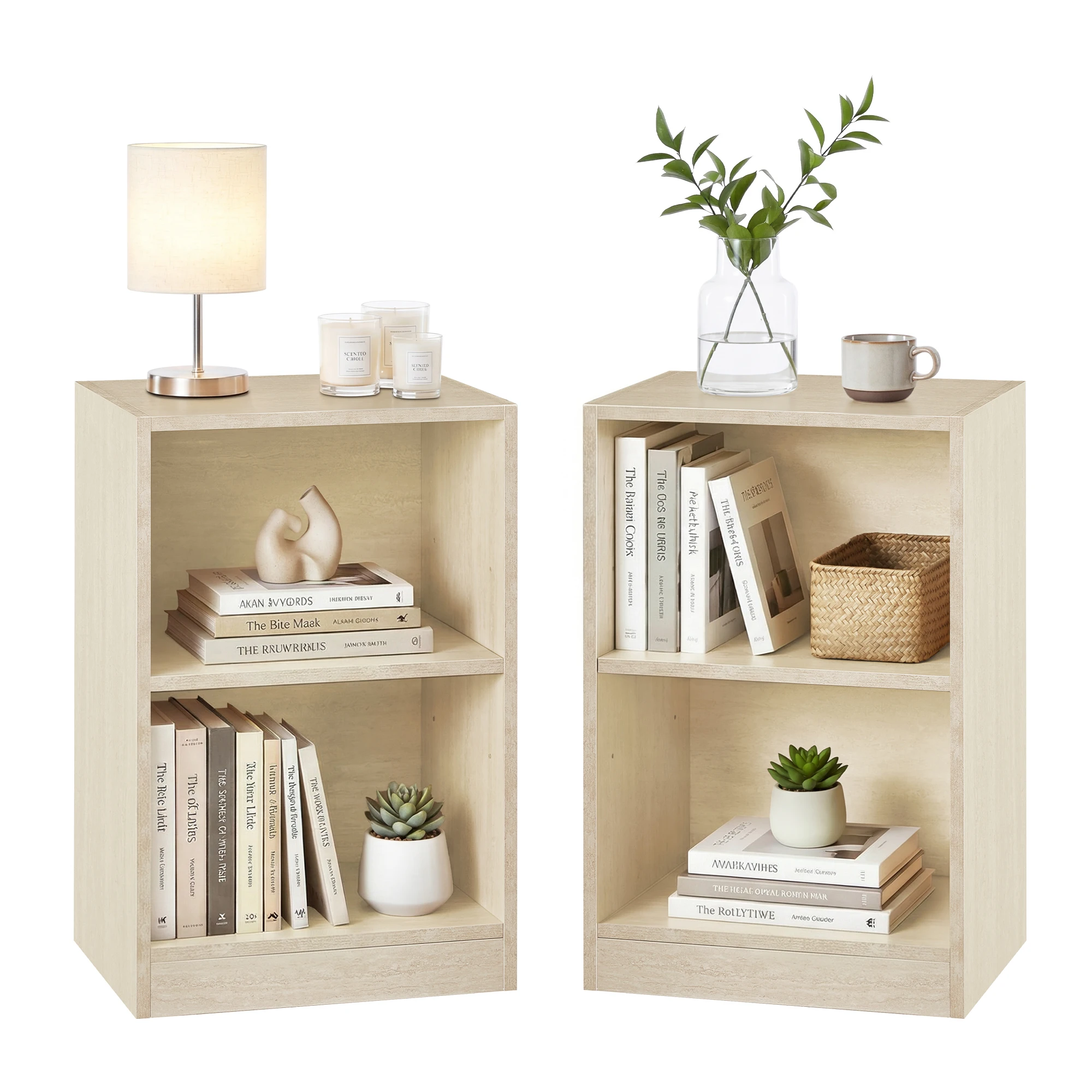 VASAGLE CUSTOS Collection - Set di 2, Comodino con Scomparti Aperti, Tavolino con Ripiano Regolabile, Doppio Uso, Facile Montaggio, Camera da Letto, Soggiorno, Travertino Beige/Bianco Nuvola