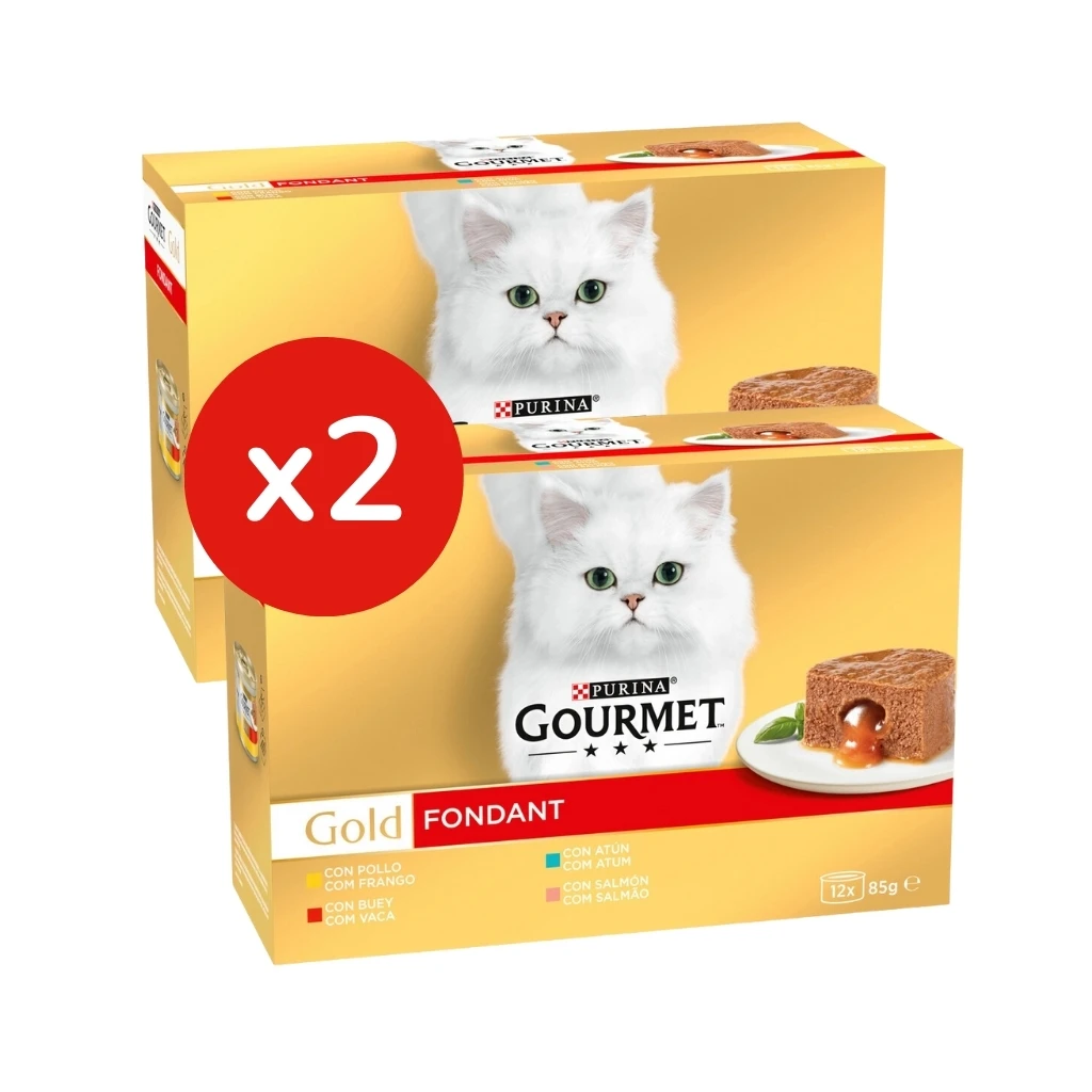 GOURMET - Gold (24x85 gr) - Fondant Multipack sabores (Pollo, Buey, Atún y Salmón) (2 Cajas de 12x85 gr)