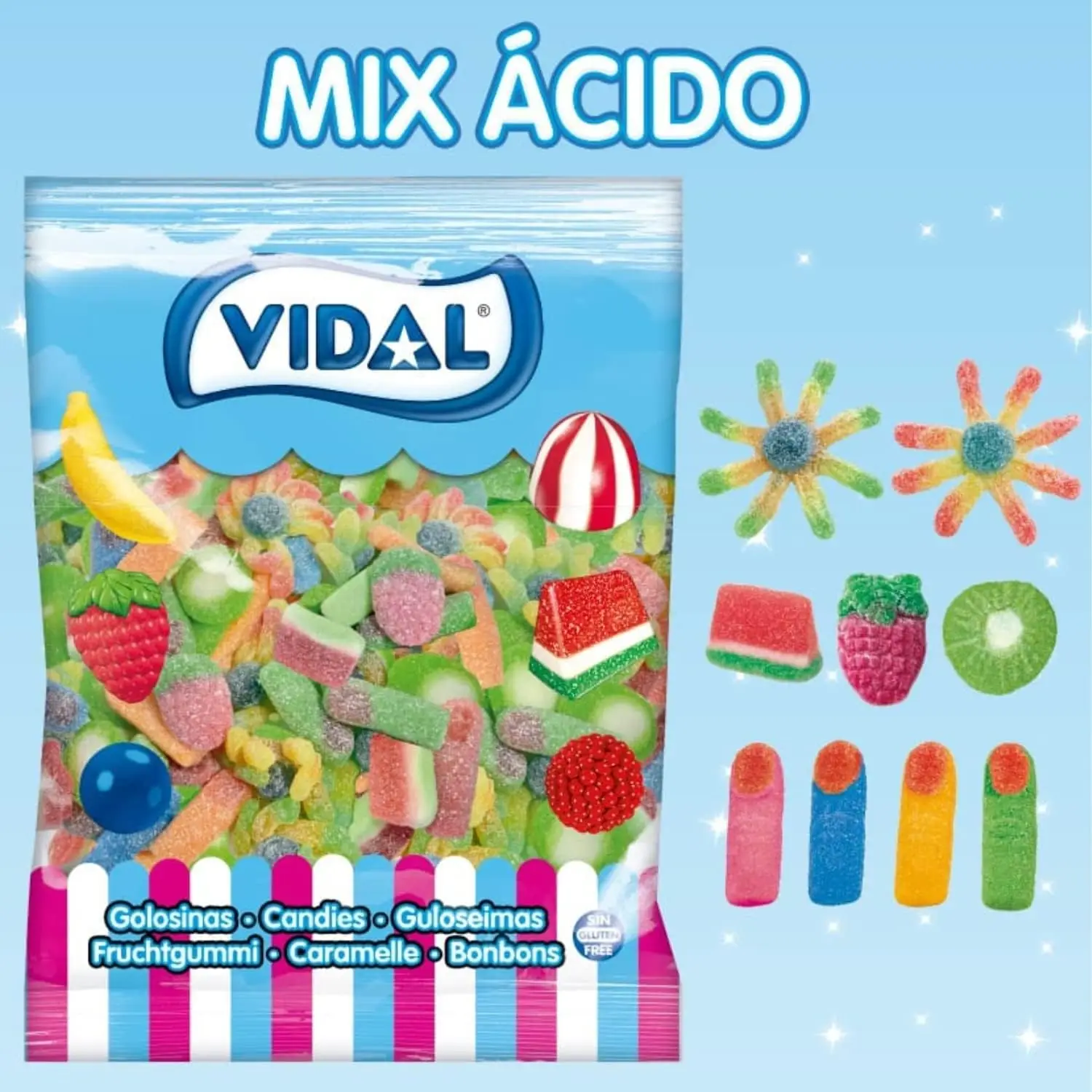 Mix vidal acid 1 kg - explosion of flavors: octopuses, watermelons, strawberries, fingers and kiwis (acidic puppets to enjoy without stopping)