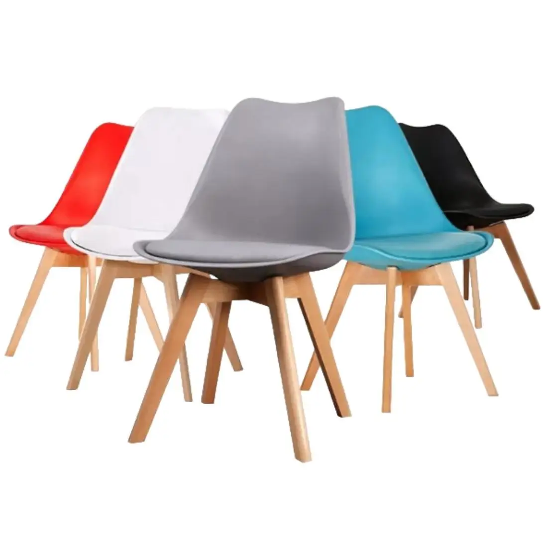 Set of 4 tulip chairs with wooden legs, medieval nordic style furniture, with padded faux leather seat, for desk, dining room, bedroom, balcony or restaurant bar hospitality, office nordic kitchen dining table,