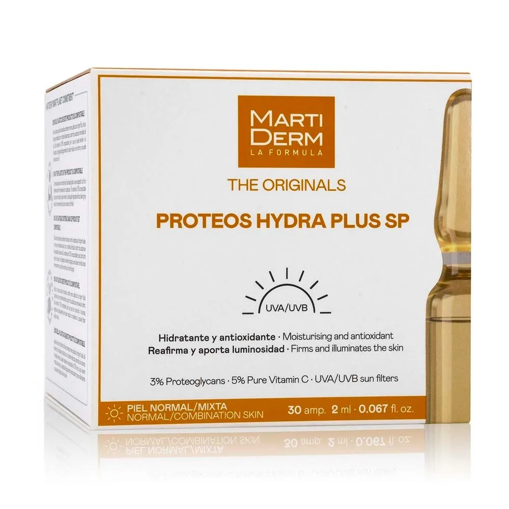 MartiDerm Proteos Hydra Plus SP (30 Ampollas) - Hidratante y Reafirmante con Proteoglicanos, Vitamina C Pura y Filtros Solares (Piel Normal/Mixta)