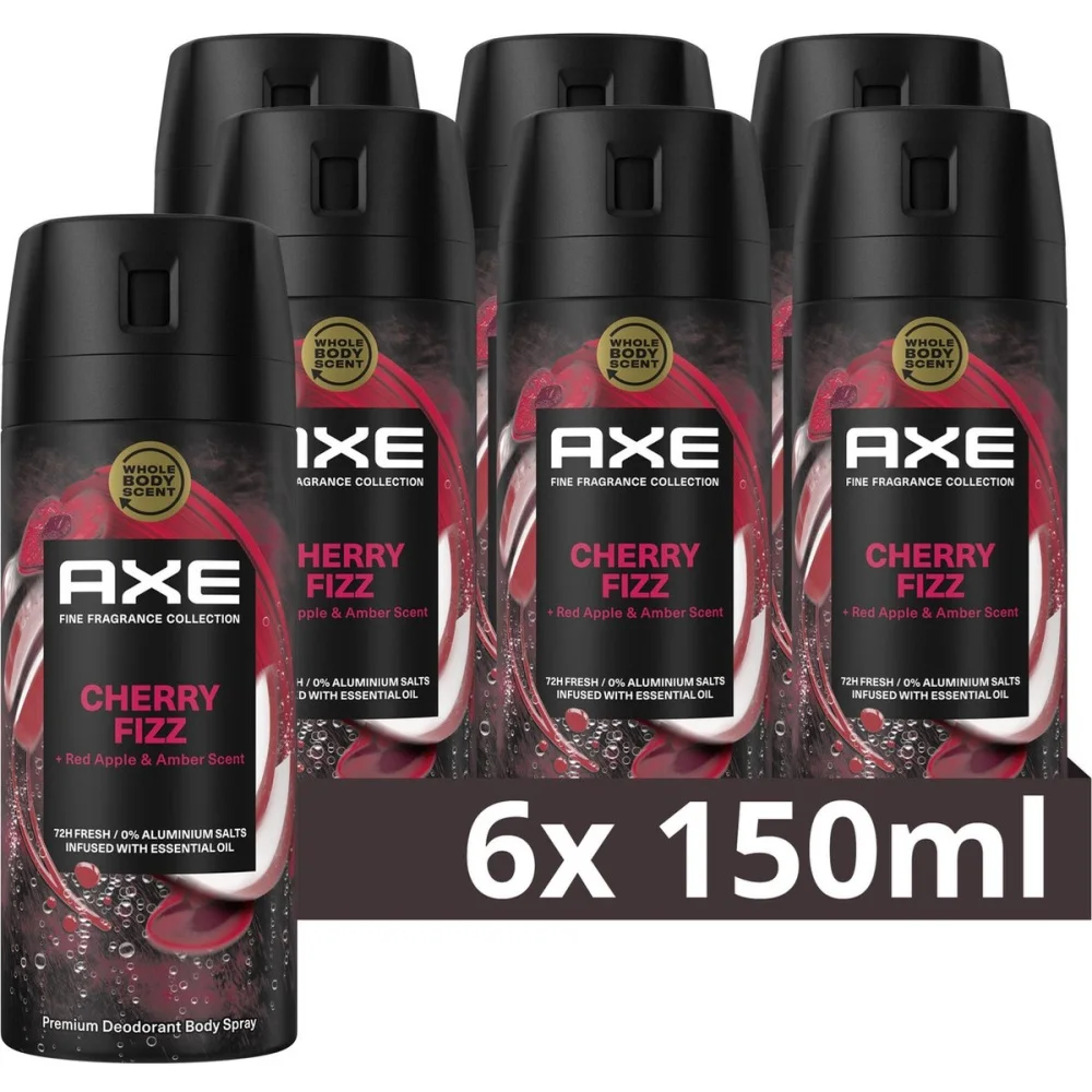 Axe Desodorante para Hombre Bodyspray Cherry Fizz 150ml (Pack de 6) - Tecnología Dual Action, Fórmula sin aluminio, Componente antiolor Zinc Complex 6, Dulce Perfume a cereza, manzana roja y ambar con