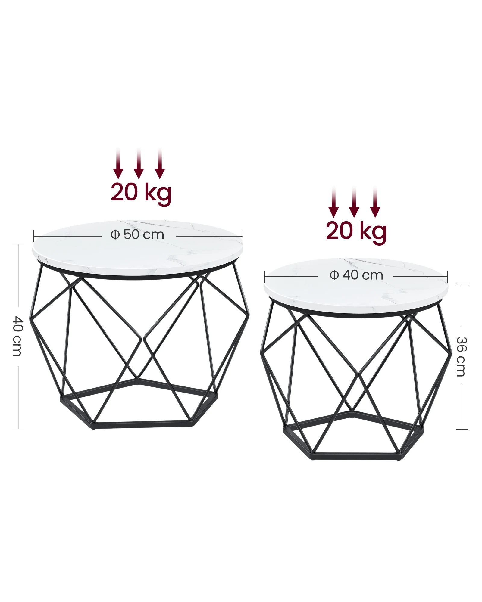 Vasagle round coffee table, set of 2 side tables, modern style, removable top, steel frame, for living room, black and white/snow white and cloud white/greige and black/honey brown and cloud white/rustic brown and black /black