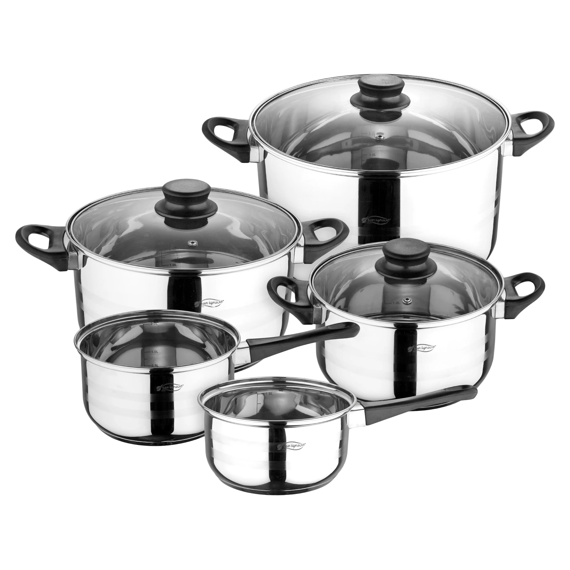 San Ignacio Batería de Cocina 8 Piezas Acero Inoxidable con Tapas de Vidrio