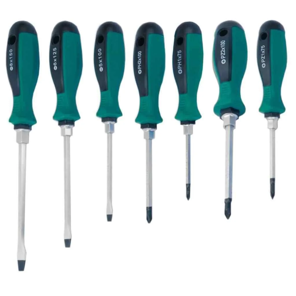 KBM11115 MANNESMANN set of 7 screwdrivers. Includes: 10X6,5X100mm, 1.2x6.5x125mm, 1,2x8.0x150mm, PZ1X75mm, PZ2X100mm, PH1X75mm, PH2X100mm.