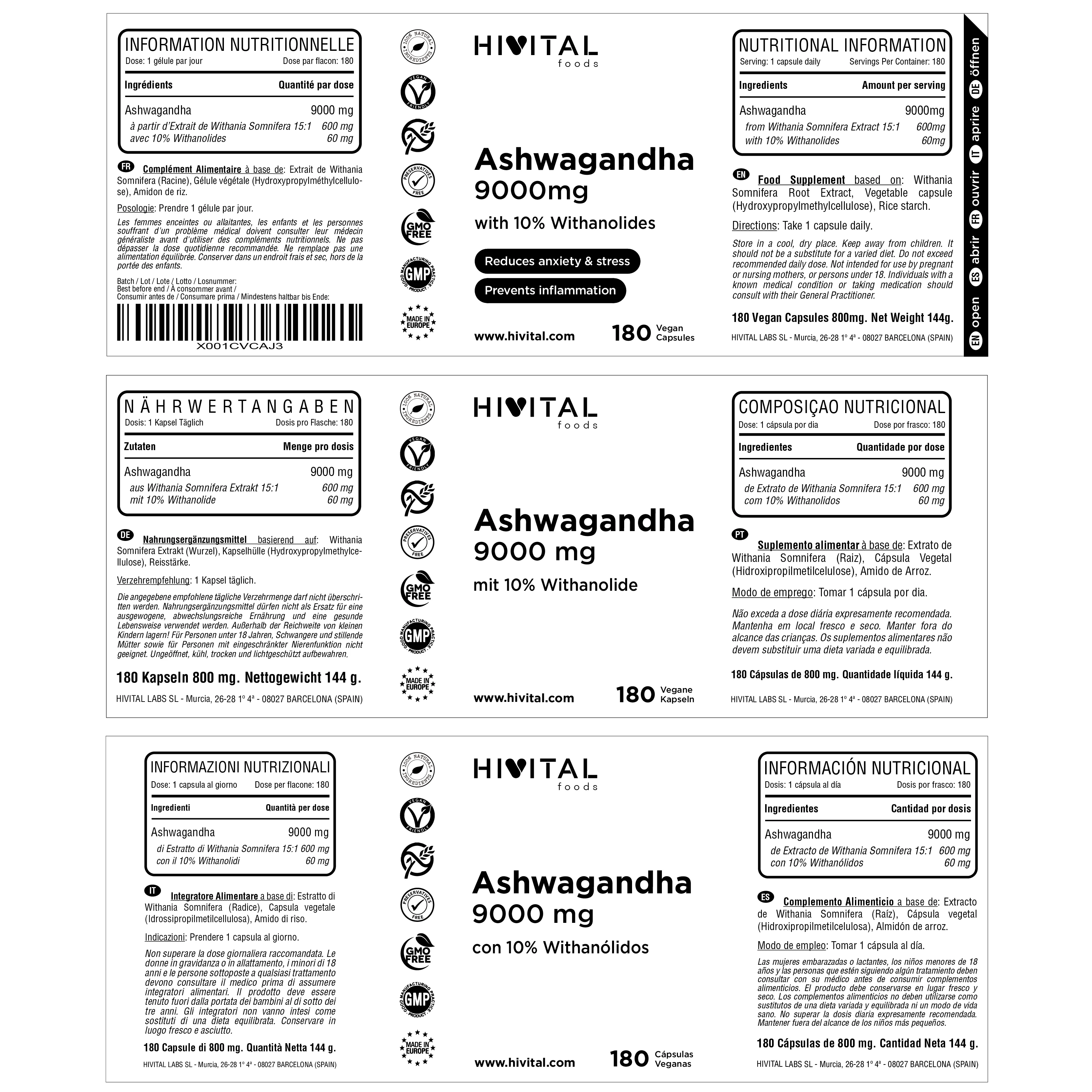 Ashwagandha 9000 mg. 180 vegan capsules for 6 months. Hivital