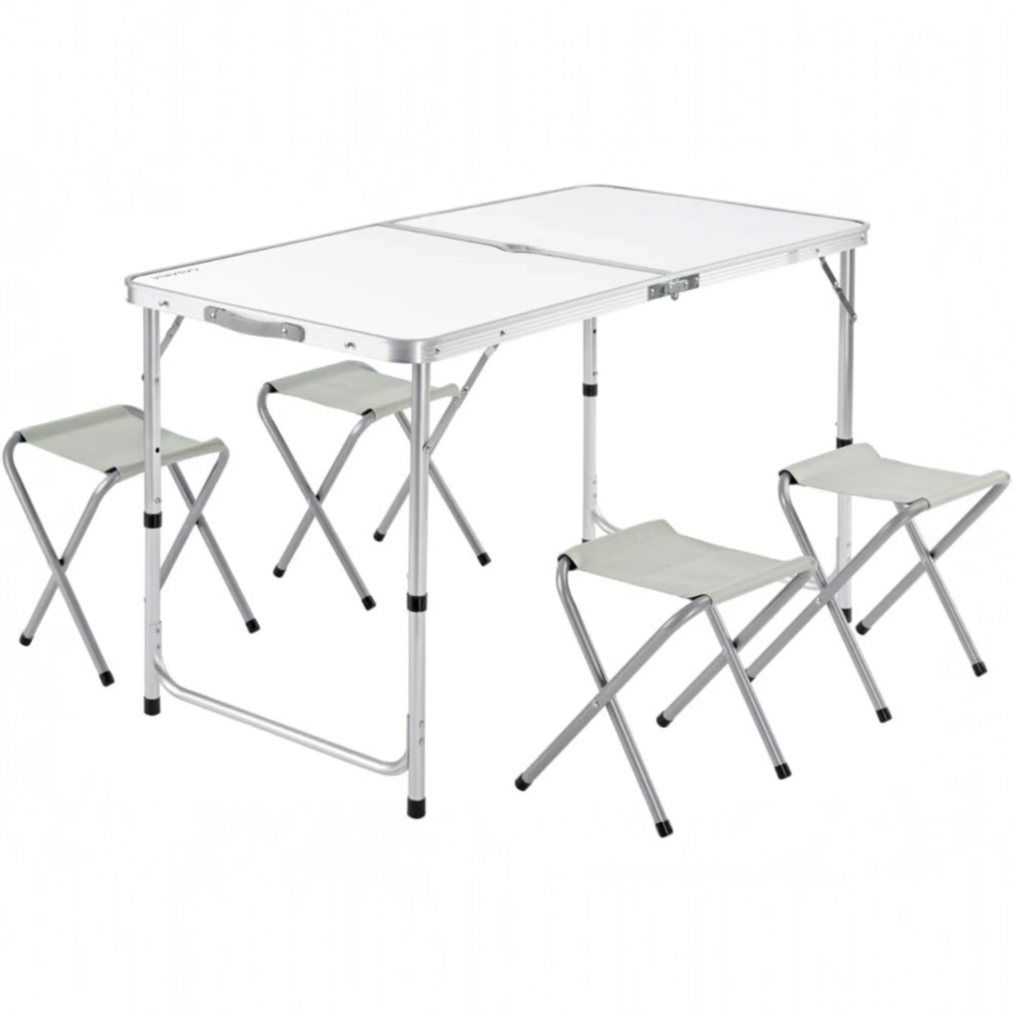 XXL aluminum folding table with 4 folding stools, suitcase function, height adjustable, Ideal for Camping and garden, gray/white, easy and compact transport (table-001 3990 D7)