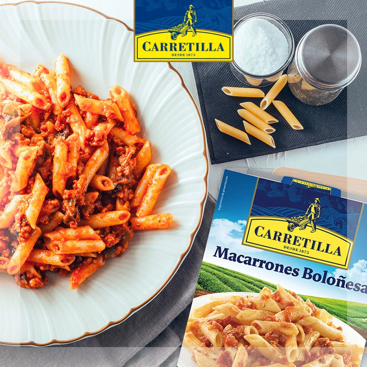 Wheelbarrow macaroni Bolognese 10 units of 325 g (ready dishes with selected ingredients, no preservatives, no coloring and no palm oil). Ready in two minutes.