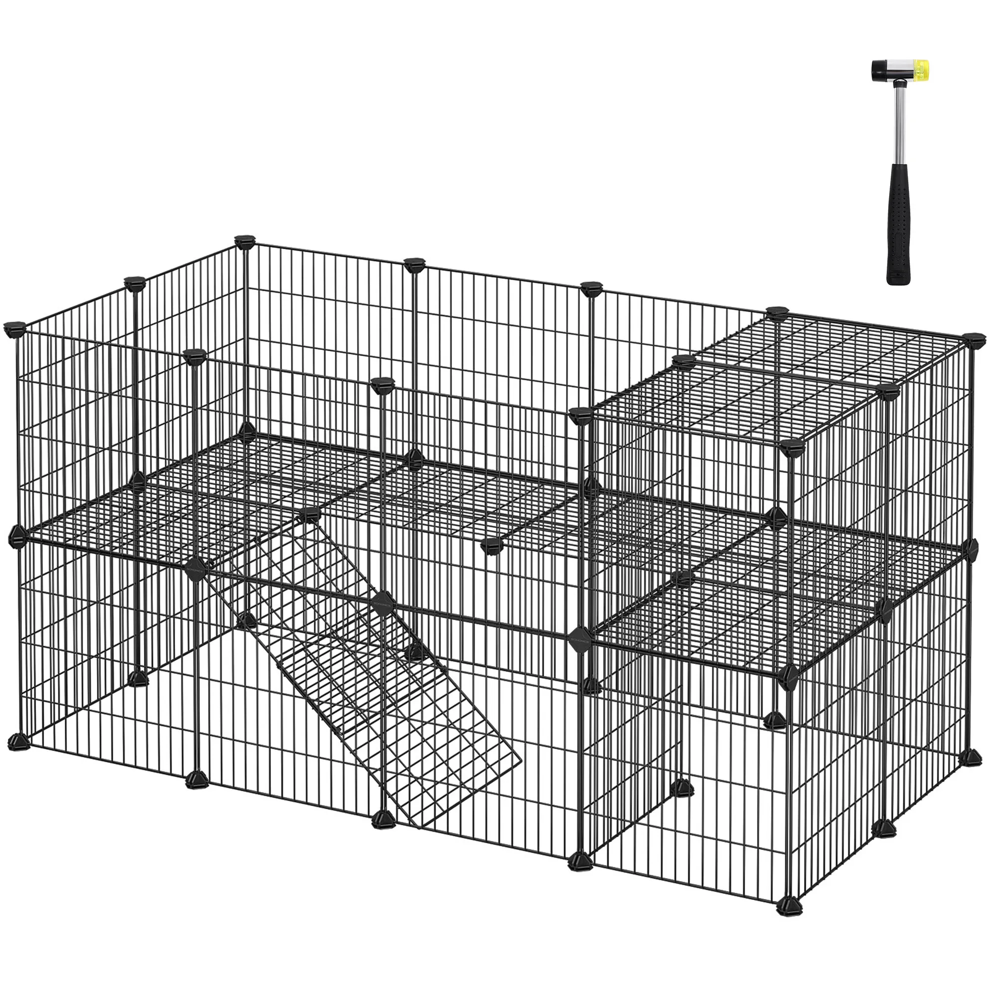 SONGMICS - Valla para animales domésticos, 2 niveles, recinto modulable, para animales pequeños, hámsters, conejos, conejillos de indias, paneles de malla, uso interior, 143 x 73 x 71 cm, Negro/Blanco
