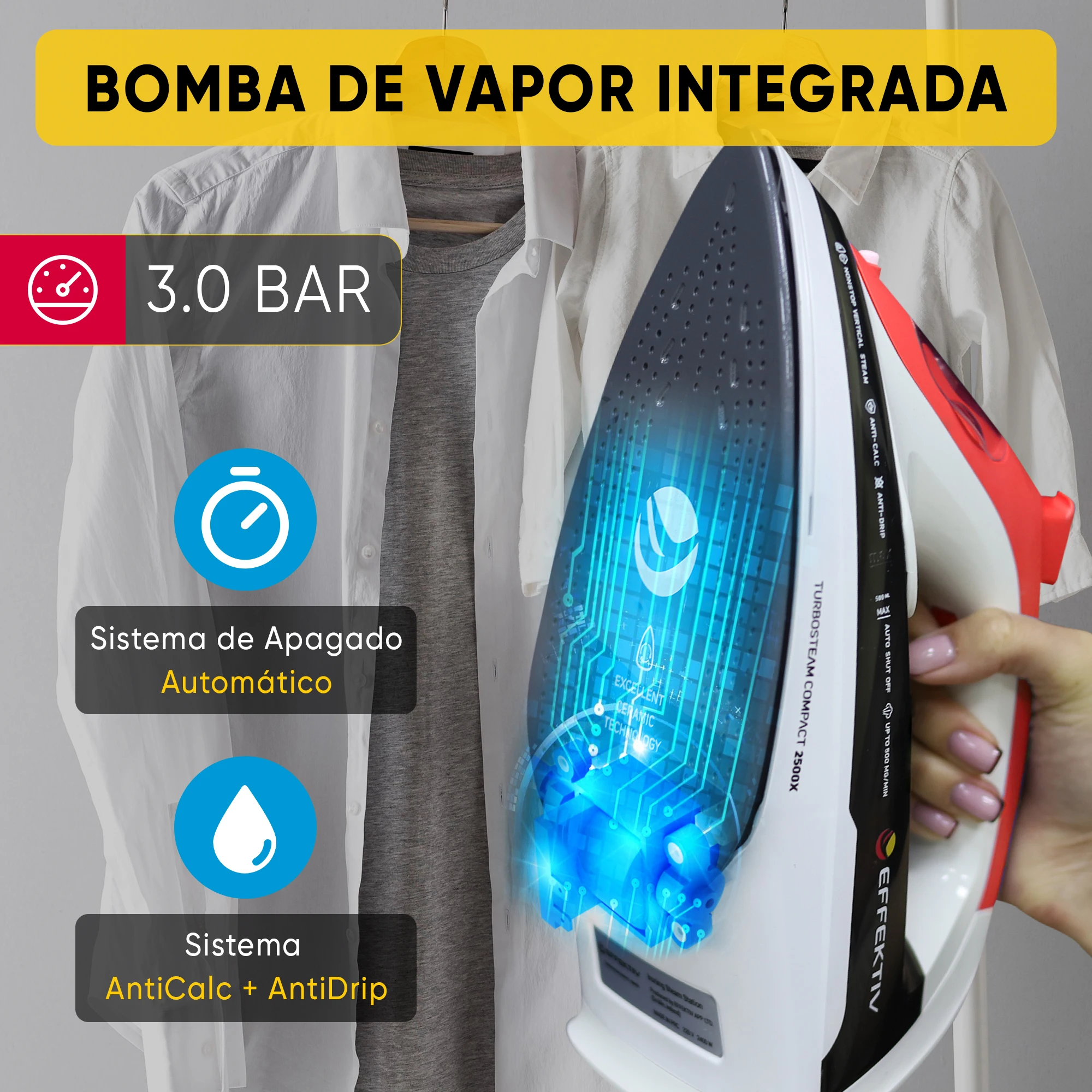 EFFEKTIV - Steam Iron 2500 X, a versatile 3-in-1 iron with ceramic soleplate, 2800W power, 5 modes including vertical steam, 990 mg/sec continuous steam, and automatic shut-off for safety, ideal for all fabric types.