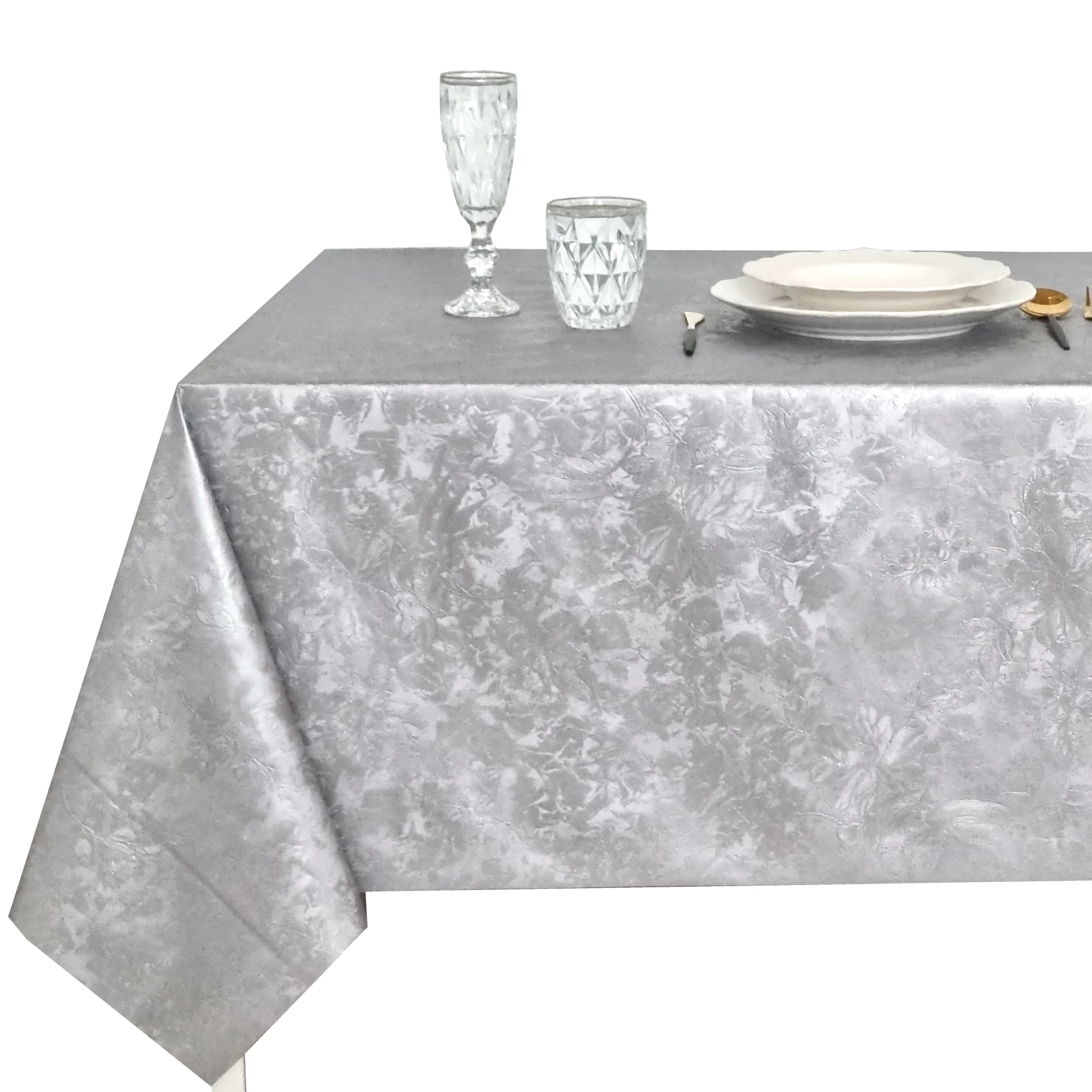 Mantel de hule PVC para mesa rectangular, impermeable y fácil de limpiar, con base de algodón. Ideal para mesas de comedor, cocina y hogar. Diseño moderno en color plateado.