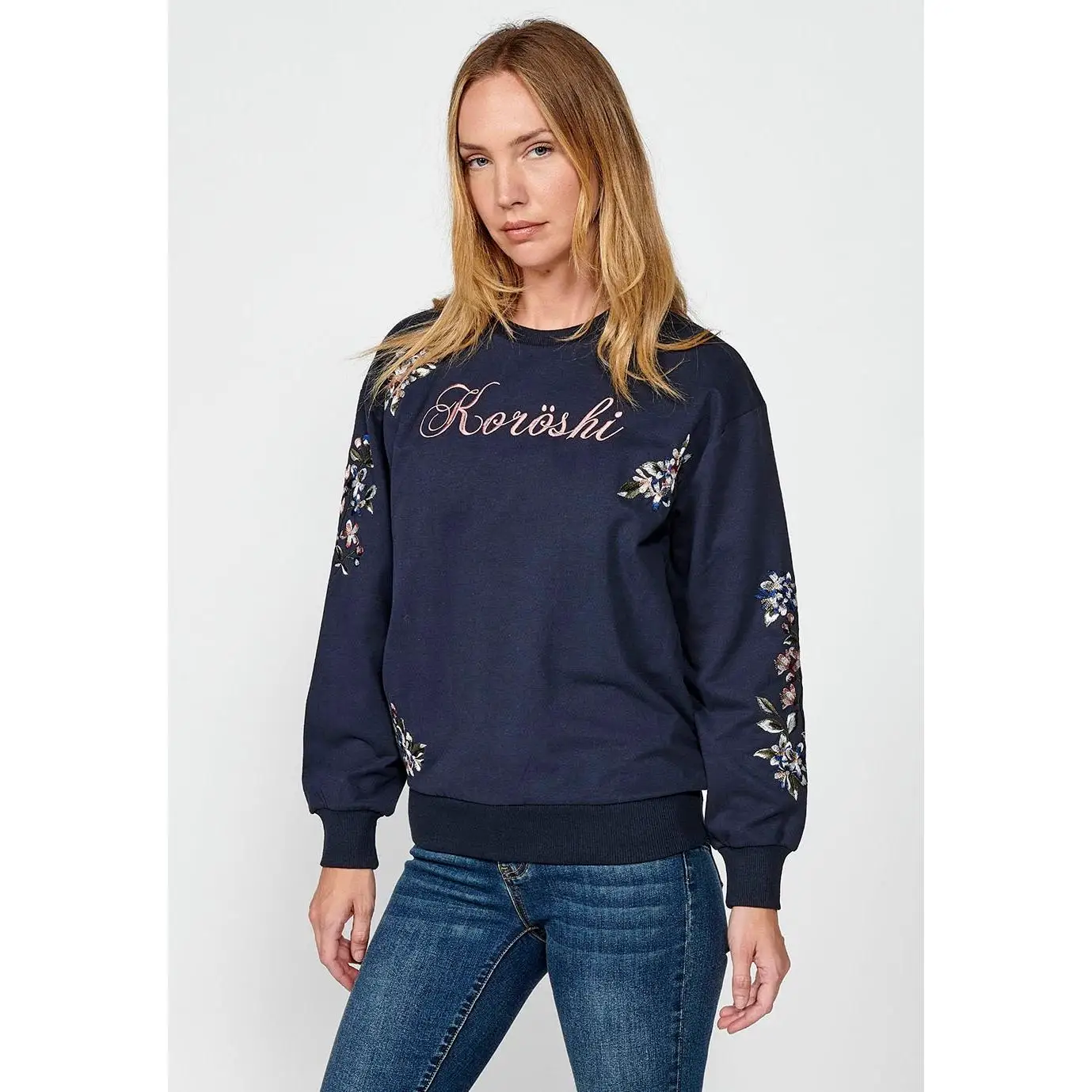 Koroshi women's indigo blue logo floral embroidery sweatshirt