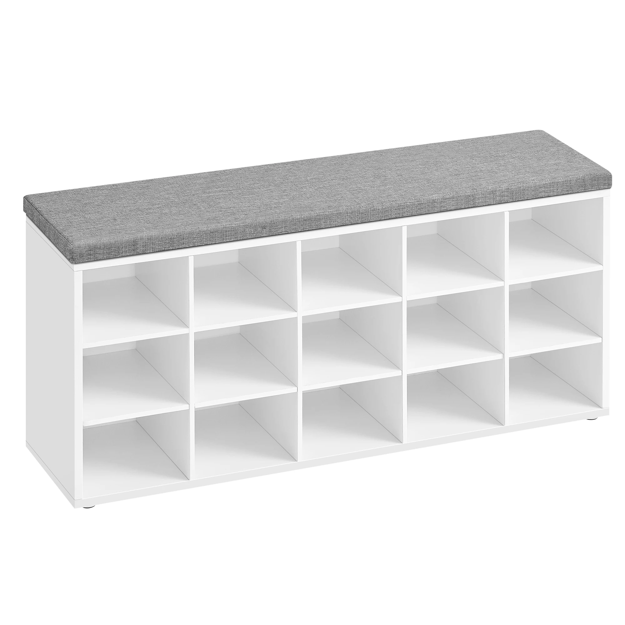 VASAGLE Banco Recibidor con 15 Compartimentos y Asiento Acolchado, EstanterÍa Almacenaje, Capacidad hasta 200 kg, Blanco Nube y Gris Paloma/Marrón 