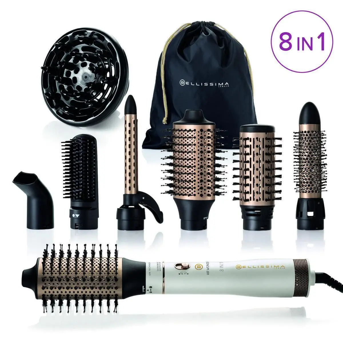 Bellissima Air Wonder Hot Air Brush, Ion technology, 8 accessories, 1000W, ceramic and keratin coating