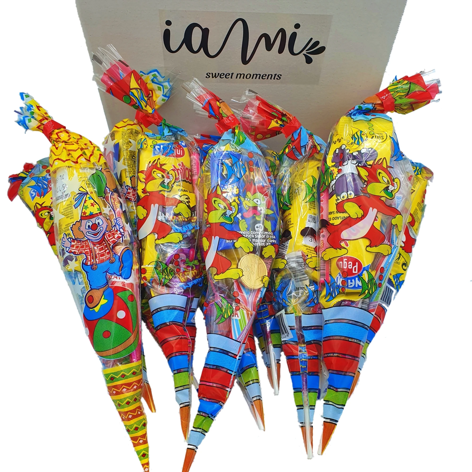 Bolsas Chuches para Cumpleaños. 12 Conos Rellenos de Chuches y Golosinas. Cada Cucurucho lleva 10 Chuches Surtidas. Bolsas de Cumpleaños Listas para Repartir [IAMI]
