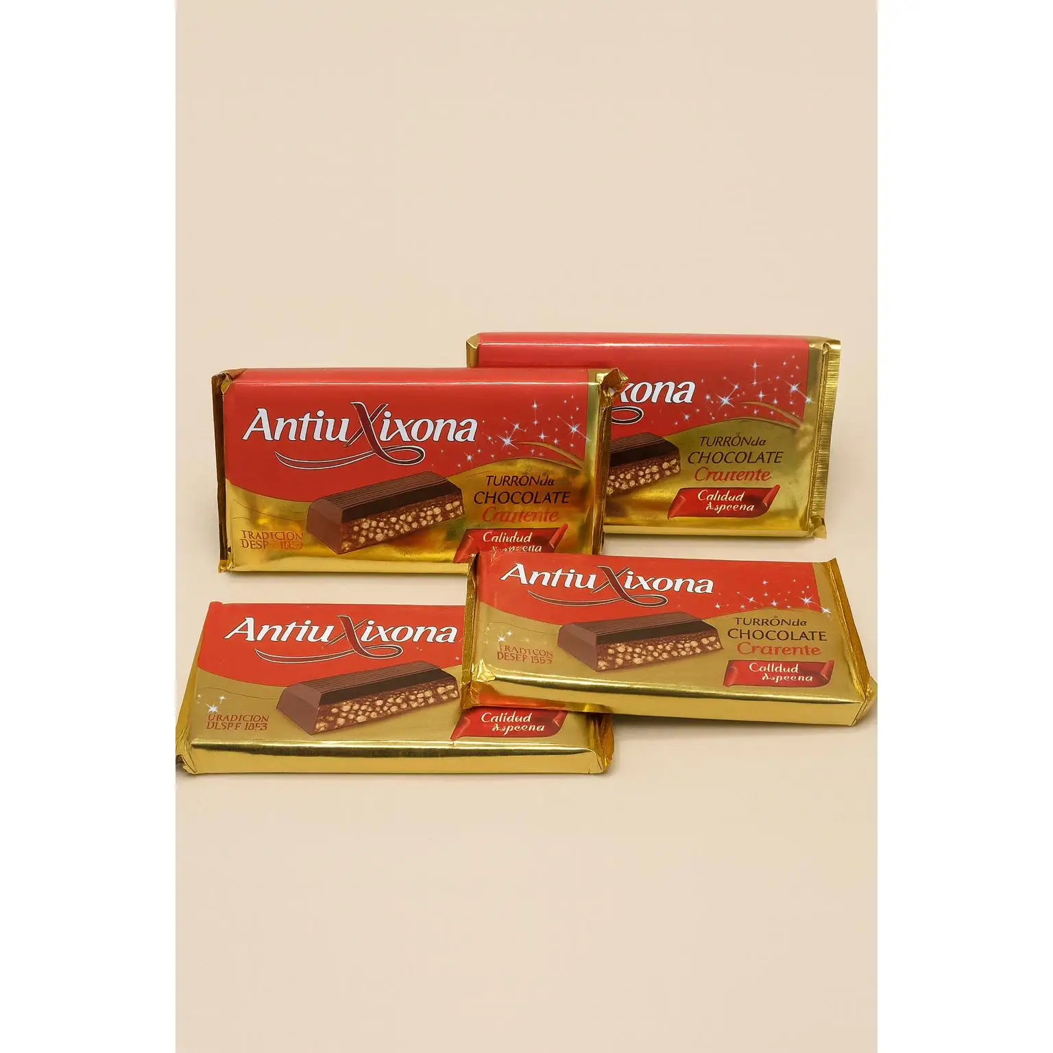 PACK 4 TURRON DE CHOCOLATE CRUJIENTE CALIDAD SUPREMA ETIQUETEA ROJA ANTIUXIXONA TIPO SUCHARD X 200G./UD