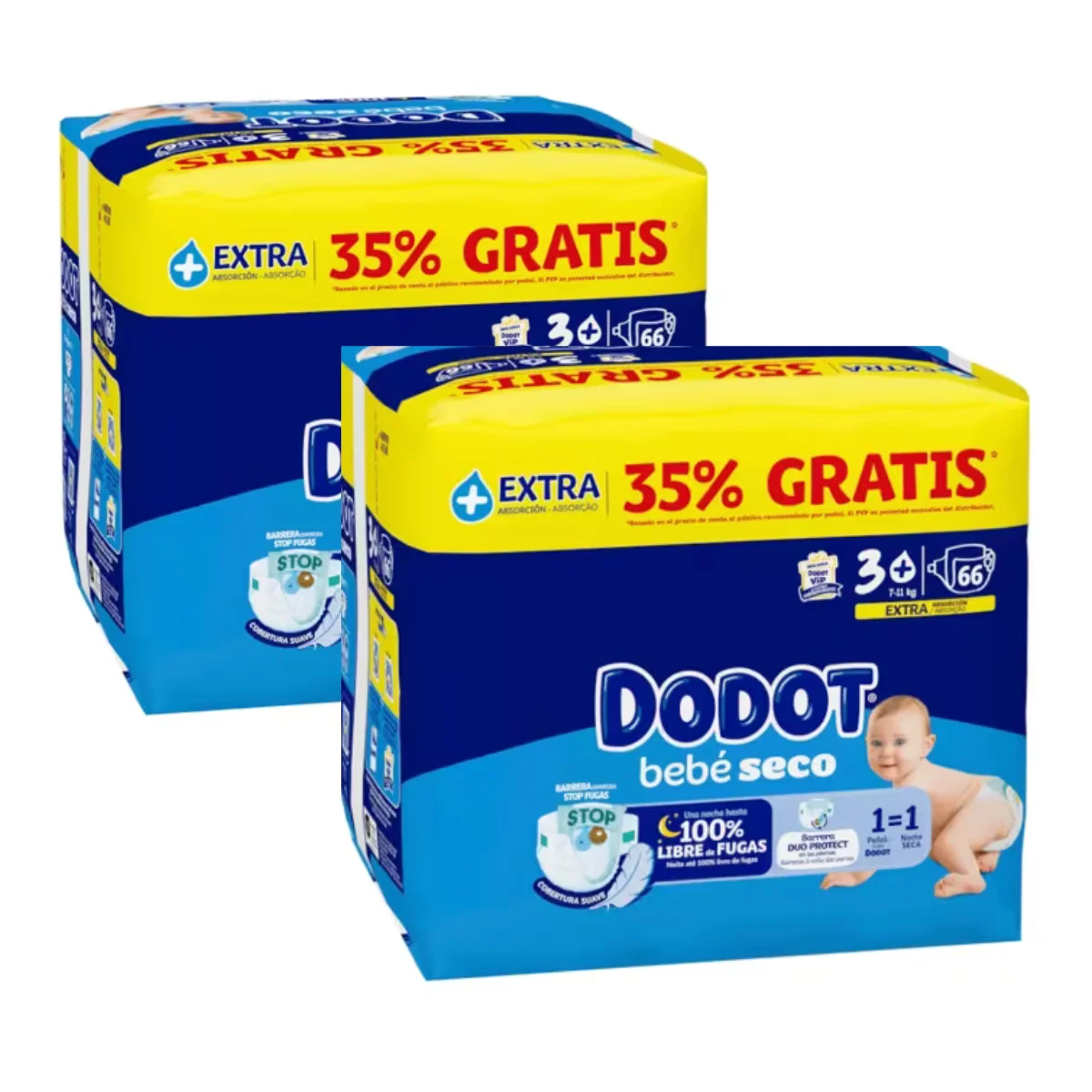 132ud Pañales DODOT Bebé seco talla 3+ de 7 a 11 kg - 132 unidades (66x2)