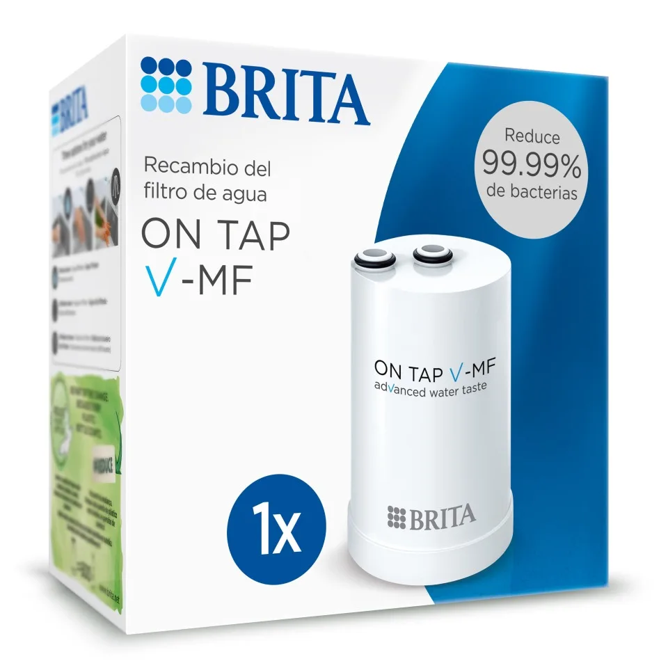 BRITA Filtro de Agua On Tap V-MF | Pack 1 o 2 Unidades | Compatible con Sistema BRITA On Tap V-MF | Filtra hasta 600L | Elimina el 99,99 % de bacterias, cloro y microplásticos | Conserva minerales | Fácil de instalar | Sin BPA | Tecnología de microfiltr