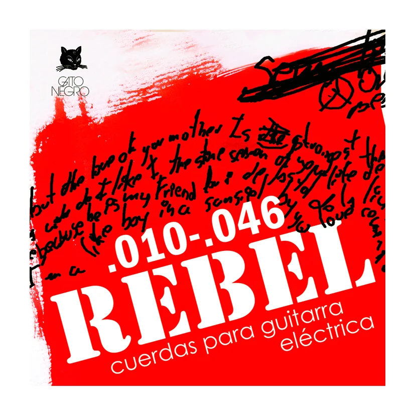 Juego de cuerdas para guitarra eléctrica Rebel by Gato Negro 10-46. Fabricadas en acero y nickel de alta calidad en España desde 1868. Calibres 0.10-0.13-0.17-0.26-0.36-0.46