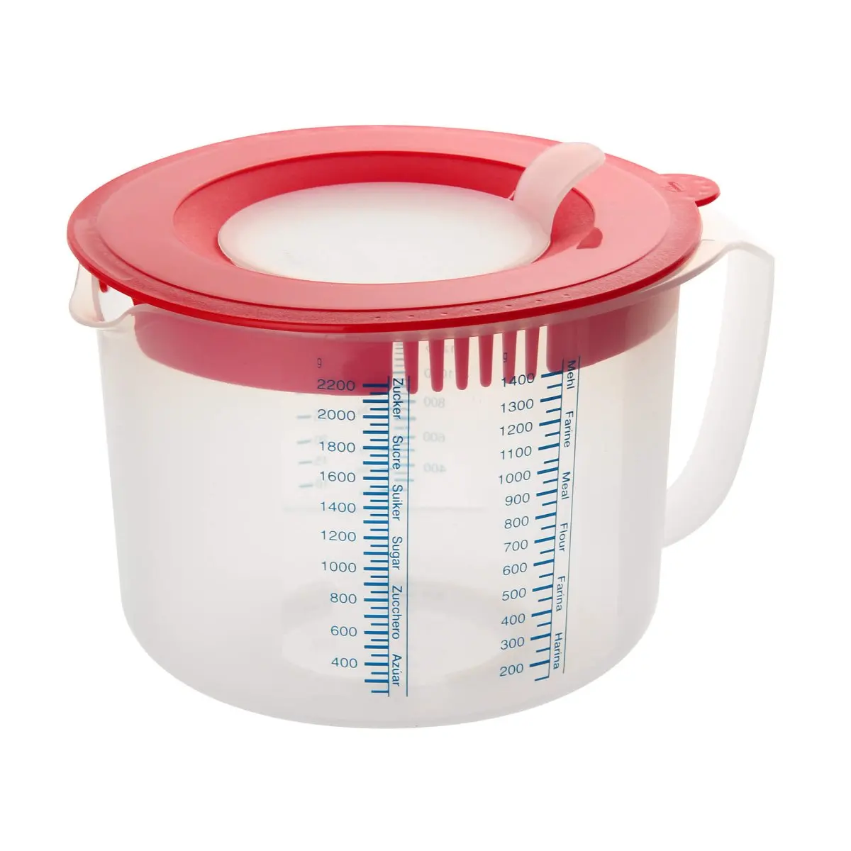 Dr. Oetker Jarra Medidora con Tapa Antisalpicaduras con Orificio para Batidora, 2,2 Litros de Capacidad, Polipropileno, Base Antideslizante, Color Transparente y Rojo, 1 ud.