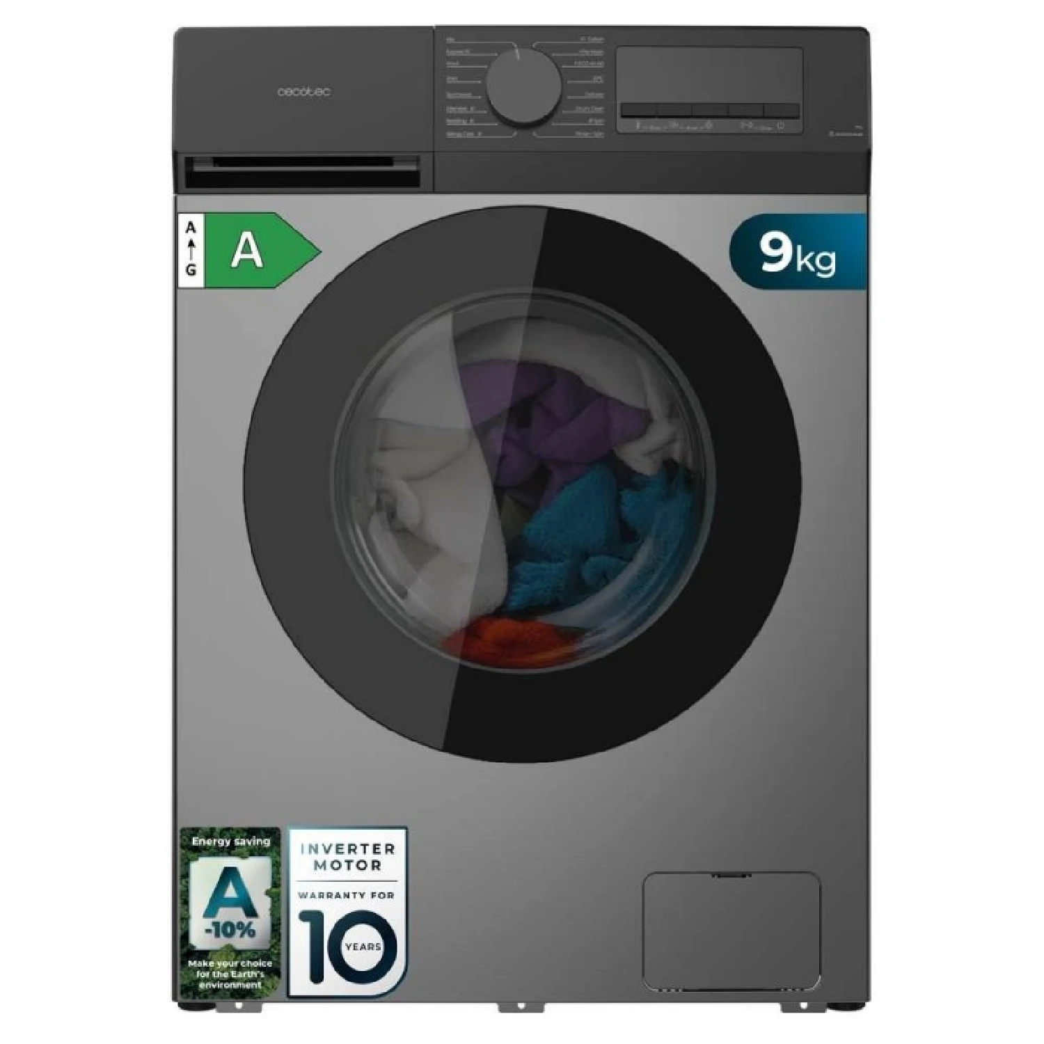 Cecotec Lavadora Carga Frontal 9Kg Bolero DressCode 9450 Inverter Steel, 1400 rpm, 16 programas, Clase A-10%