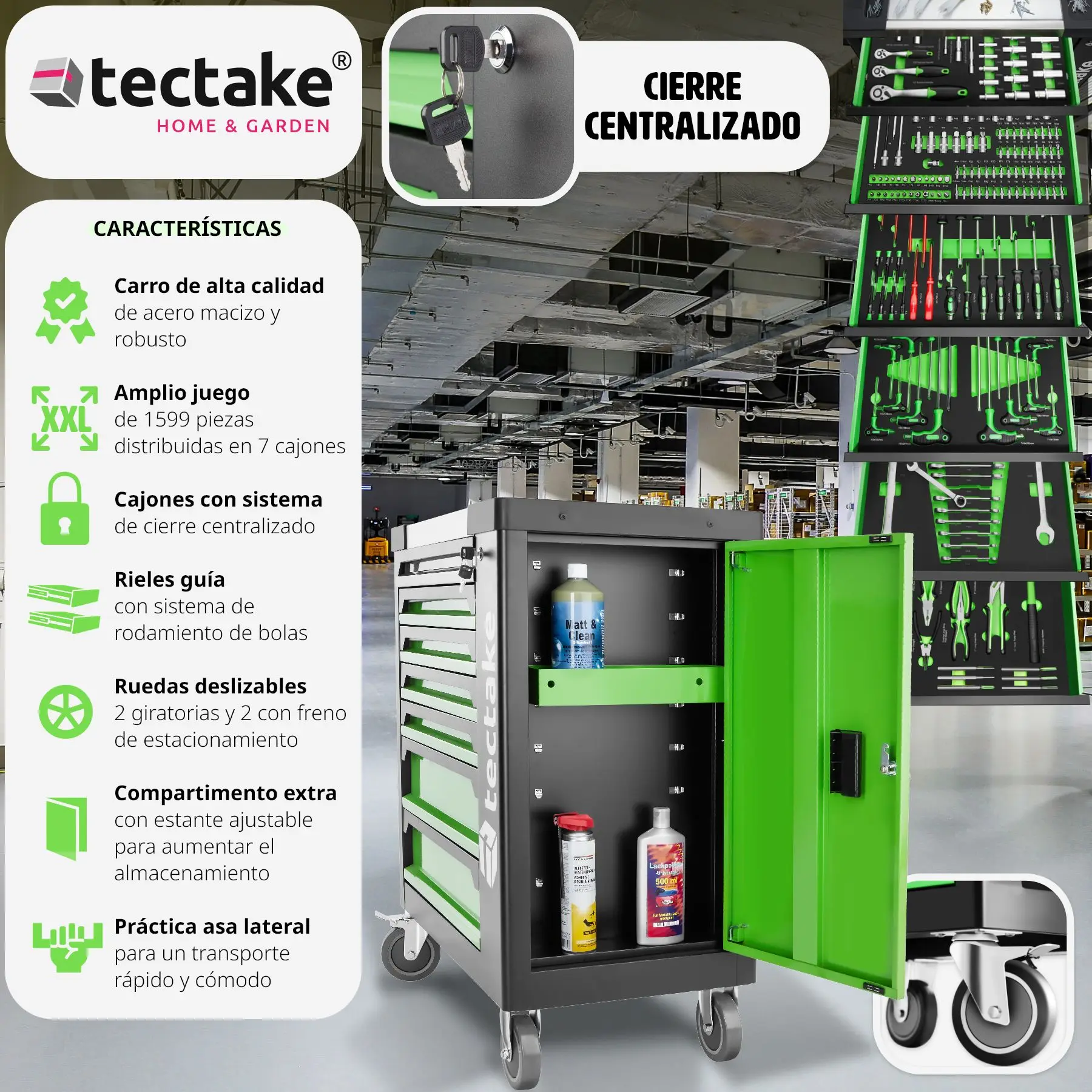 Tectake Tool Trolley with Tools 1599 Parts Compact Tool Trolley with a variety of robust tools, stable, firm and corrosion-resistant five thin and two thick drawers with center lock