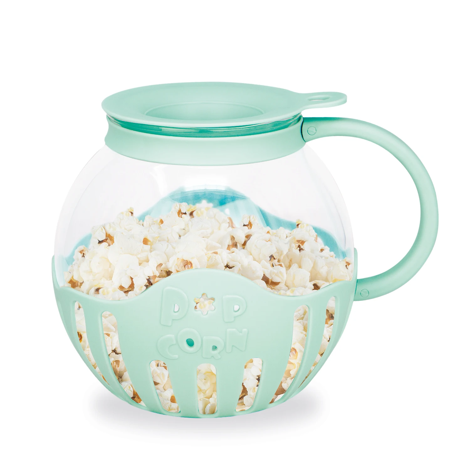 Palomitero Jocca para microondas en color turquesa. Palomitas listas en 2-3 minutos con opción de fundir mantequilla directamente. Recipiente de cristal borosilicato con tapa medidora incluida y apto para lavavajillas. Diseño práctico y moderno