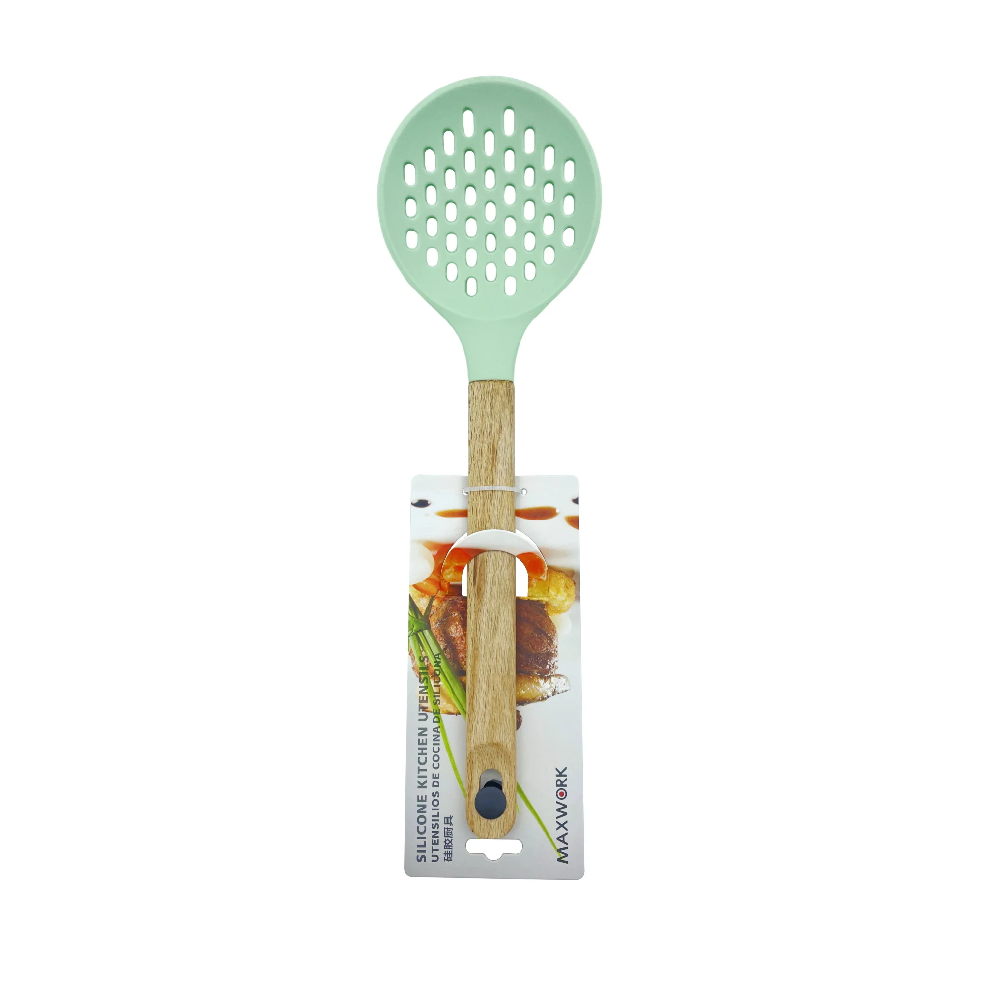 MAXWORK espumadera de silicona de 34cm con mango de madera, utensilio de cocina, verde