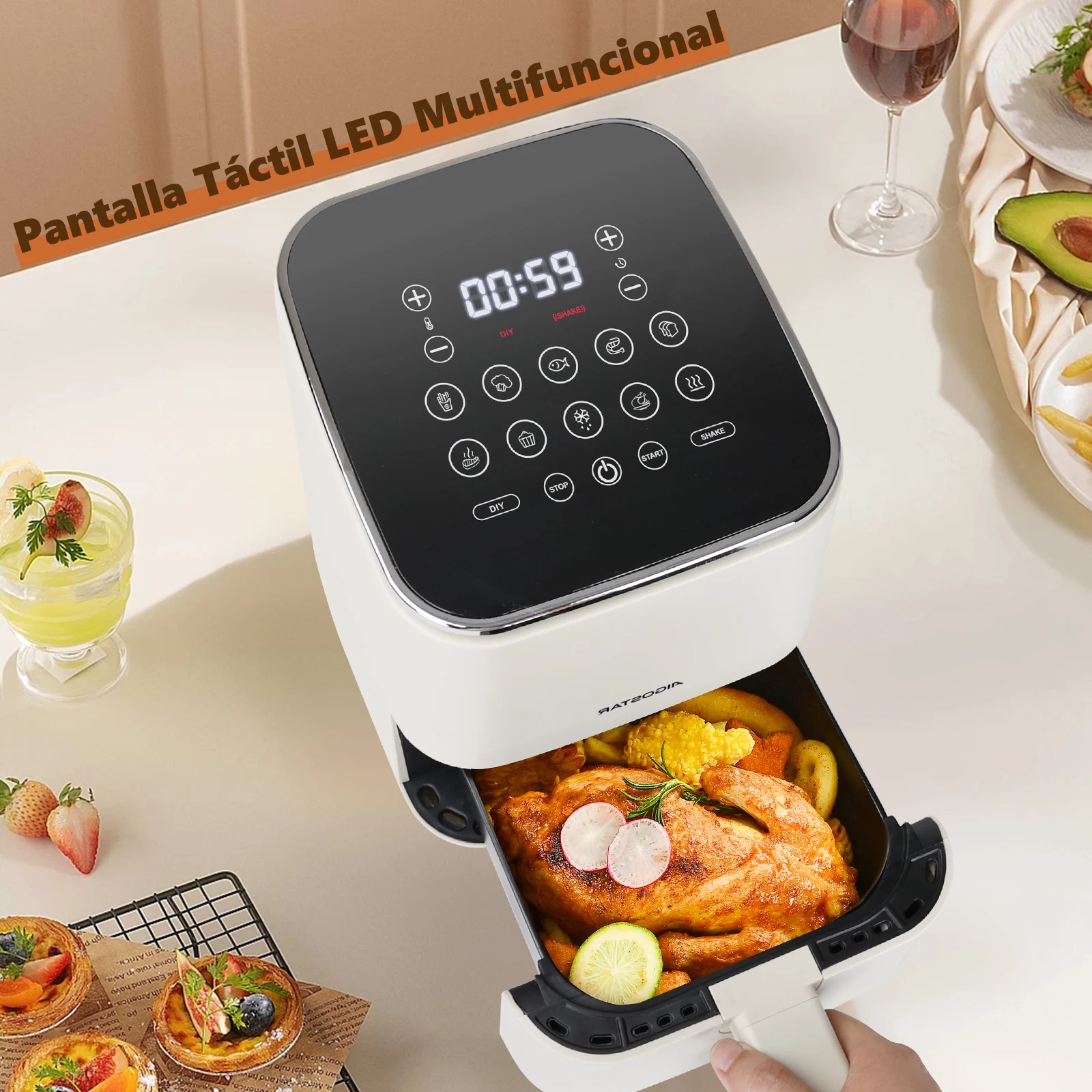AIGOSTAR LED Touchscreen Air Fryer, 2L Capacity, 1200W, Non-Stick, with 10 Automatic Programs for Oil-Free Cooking and Efficient Air Circulation.