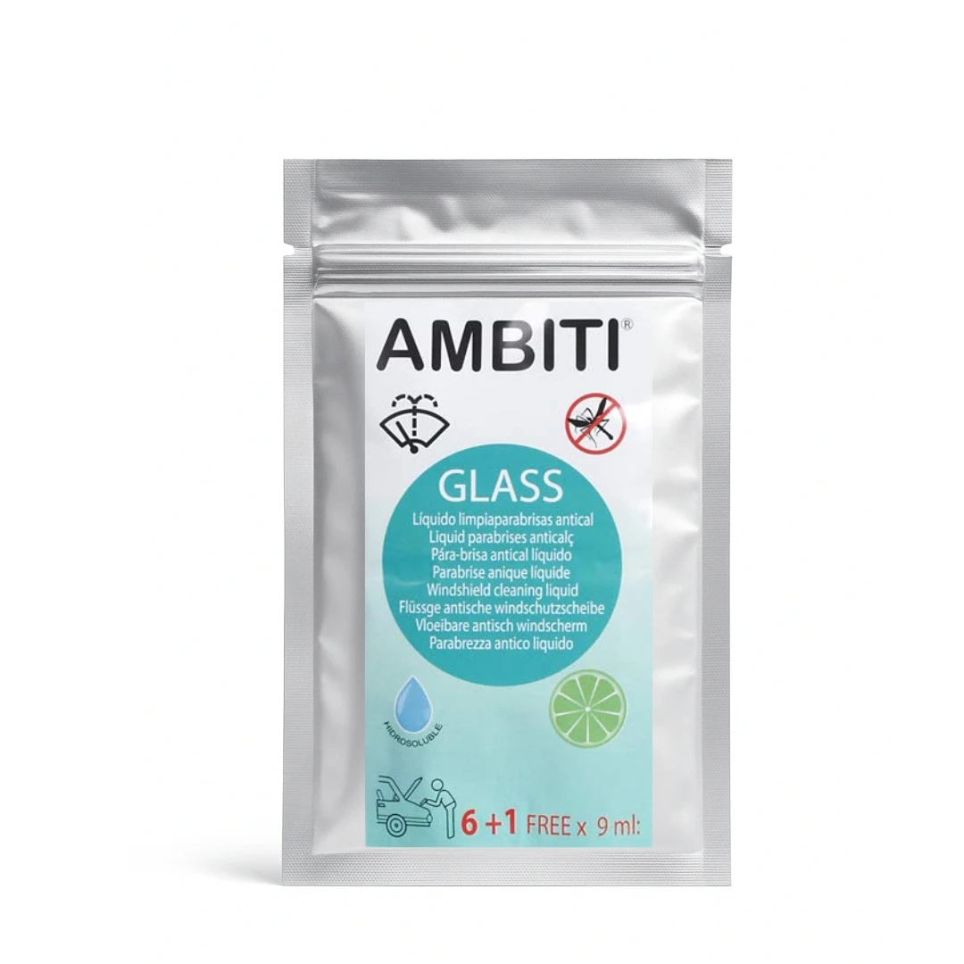 ambicioso |   Vidrio |   Limpia Parabrisas Antical Hidrosoluble Monodosis |   Concentrado Monodosis para Parabrisas |   Elimina Insectos, Suciedad y Cal |   Visión Clara y Segura con Fragancia Tropical