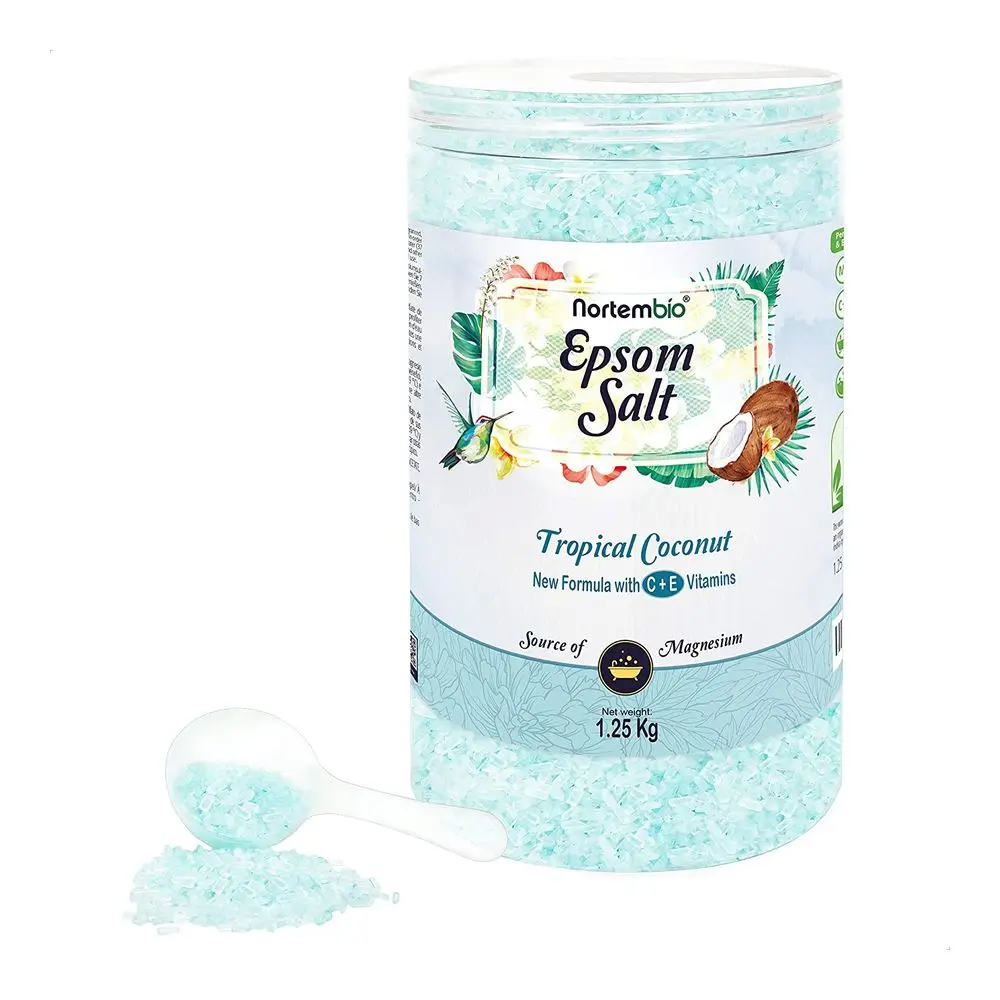NORTEMBIO Sales de Epsom 100% Fragancia Coco Tropical 1.25Kg | Fuente concentrada de magnesio | Hidratada con Vitamina C y E | E-Book Incluido