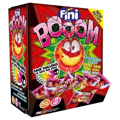 Fini Boom Fresa 200 Unidades - Caramelos Duros Super Ácidos con Sabor Intenso a Fresa, Extra Ácidos por Fuera y Efervescentes por Dentro, Sin Gluten