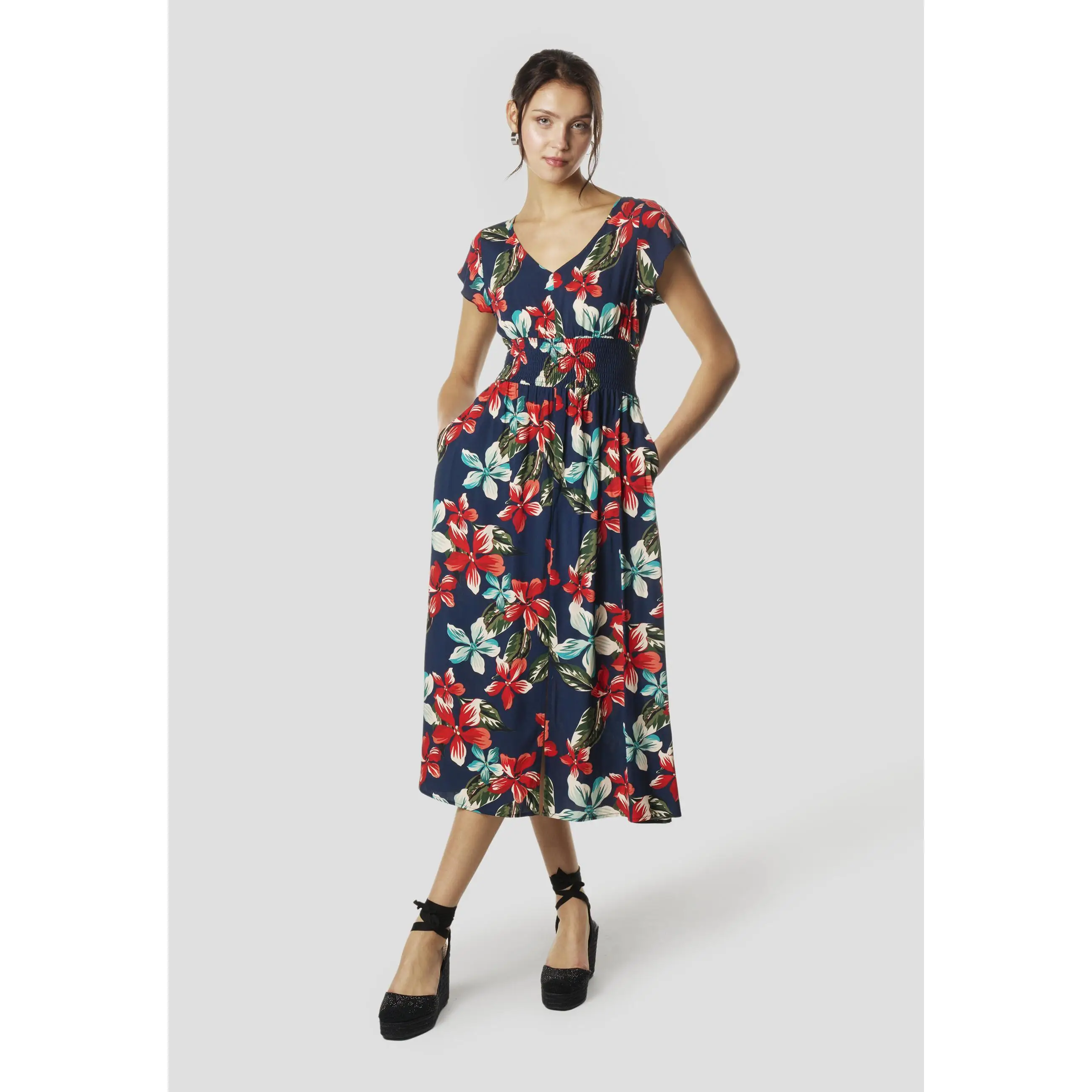 Koroshi Vestido Midi Viscosa Mujer Estampado Floral Escote V – Koroshi