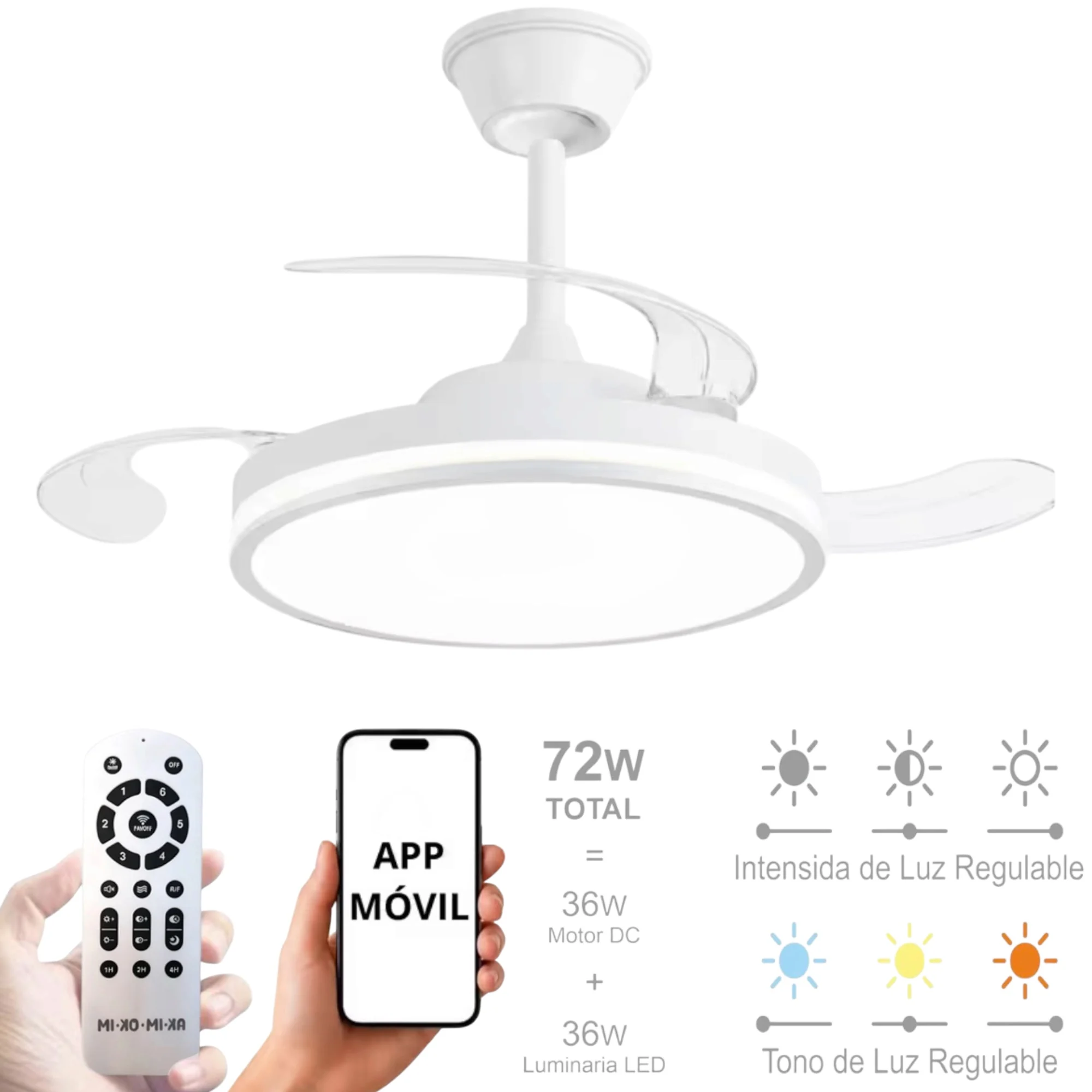 Mikomika Ceiling Fan with Light LED 36W in 3 Temperatures, Remote Control, Silent Operation, and Retractable Blades, Perfect for Modern Home Decoration and Energy Efficiency.