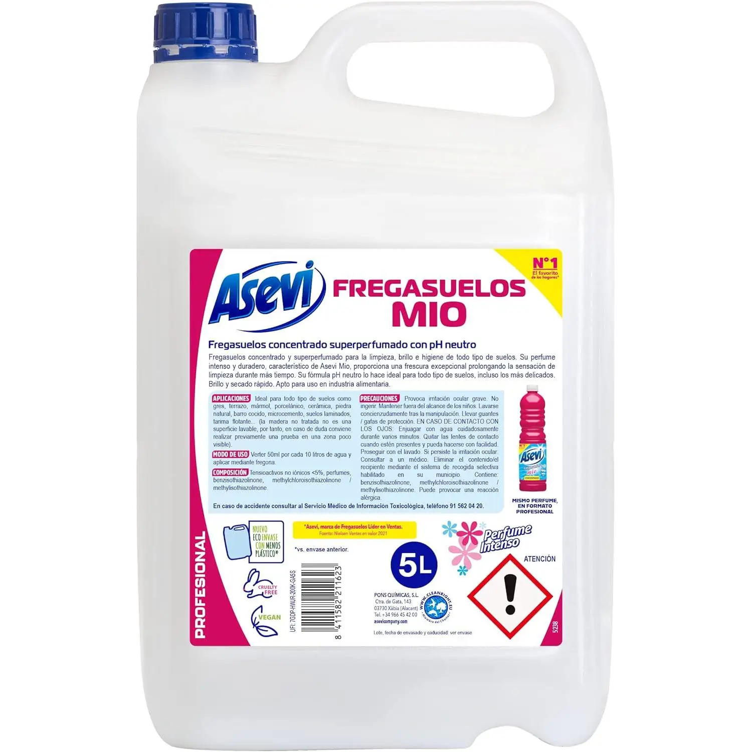 ASEVI Fregasuelos Perfumado Concentrado MIO, Envase Profesional 5L - Fragancia Duradera, Aroma Floral, Limpiasuelos Con pH Neutro, Para Todo Tipo de Suelos, Incluso Superficies Delicadas